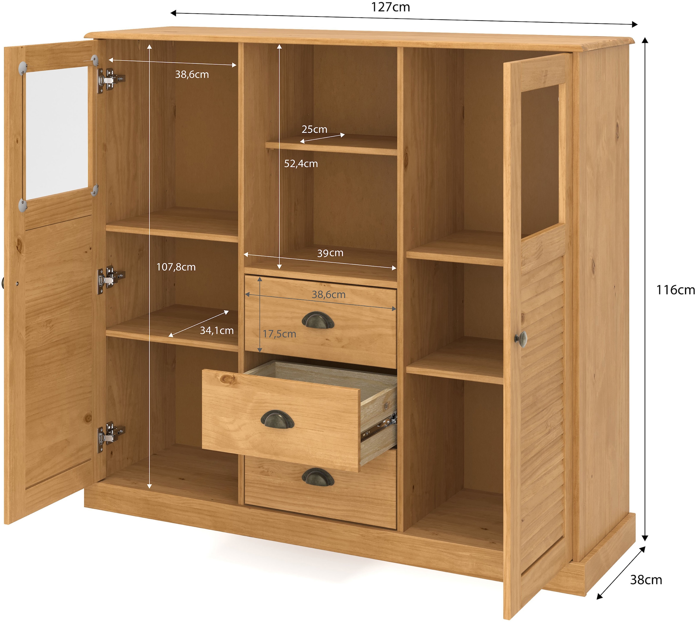 OTTO home Highboard »Turia, mit Glas- und Lamellentüren« Vitrine/Midischrank/Kommode, aus massivem Kiefernholz, FSC®, B: 127 cm
