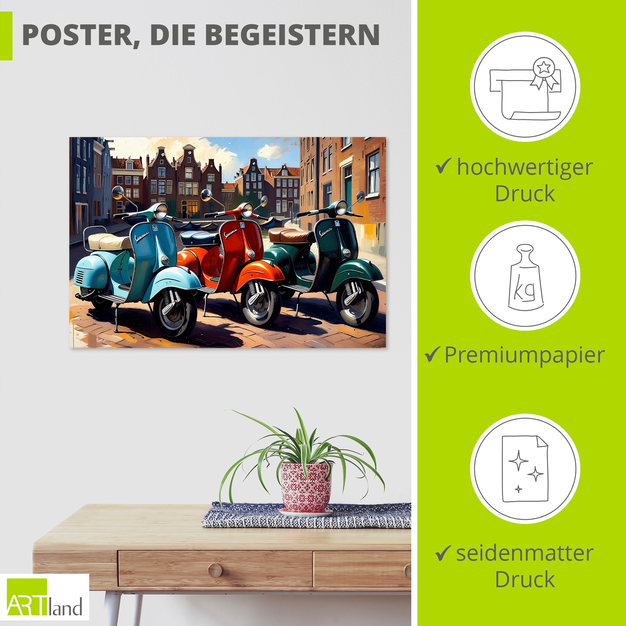 Artland Wandbild »Mit dem Motorroller nach Amsterdam« 1 Stk. tlg. als Alubild, Leinwandbild, Poster, Wandaufkleber in verschied. Größen