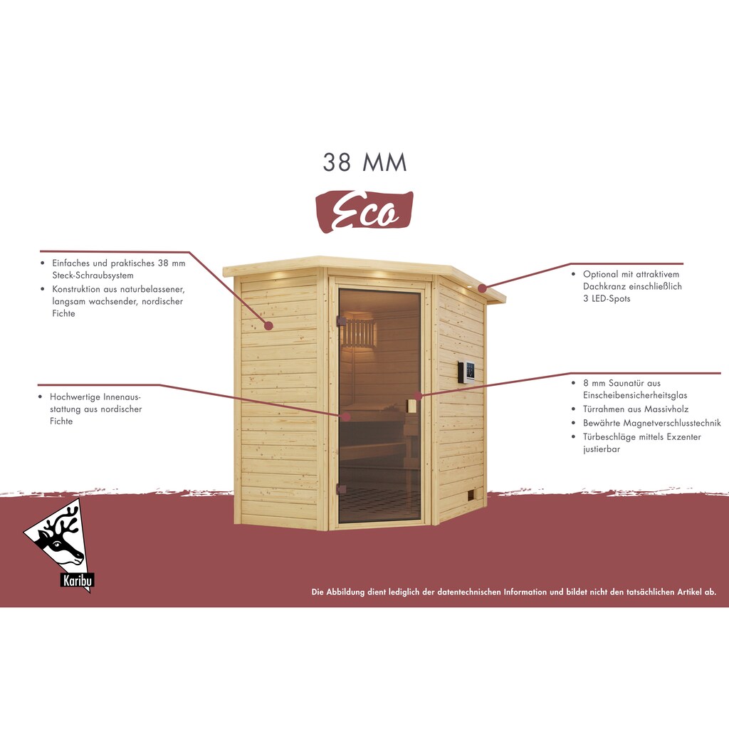 Karibu Sauna »"Leona" mit Klarglastür und Kranz Ofen 9 KW externe Strg modern«