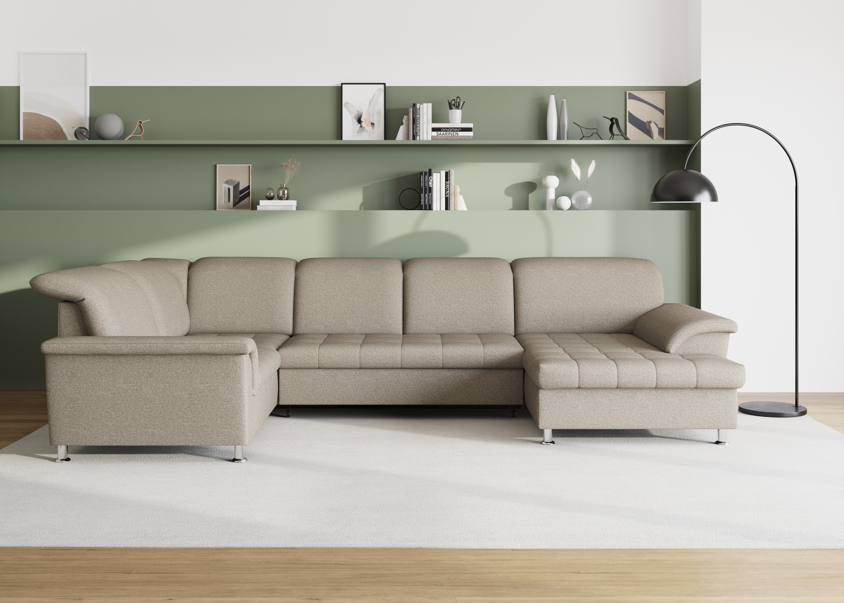 DOMO collection Wohnlandschaft "FRANZI optional mit Bettfunktion, Bettkasten & Kopfteilverstellung" U-Form, Recamiere rechts, schlamm, B/T: 352/214 cm