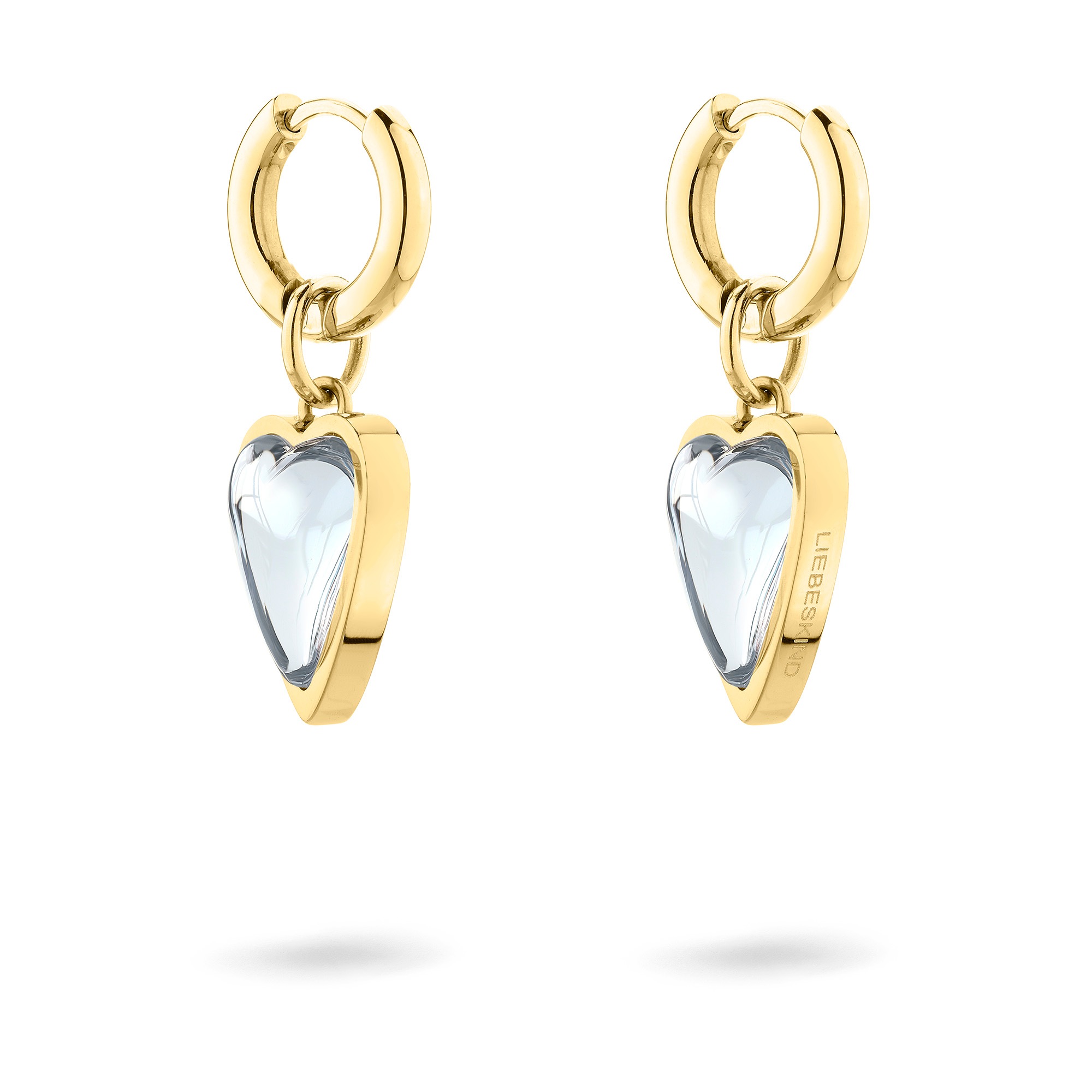 Paar Creolen LIEBESKIND BERLIN "Schmuck Ohrringe mit abnehmbaren Herz-Einhängern Glass Heart", gelbgoldfarben, transparent, transparent, Ohrringe, Damen, Edelstahl, mit Glasstein 2