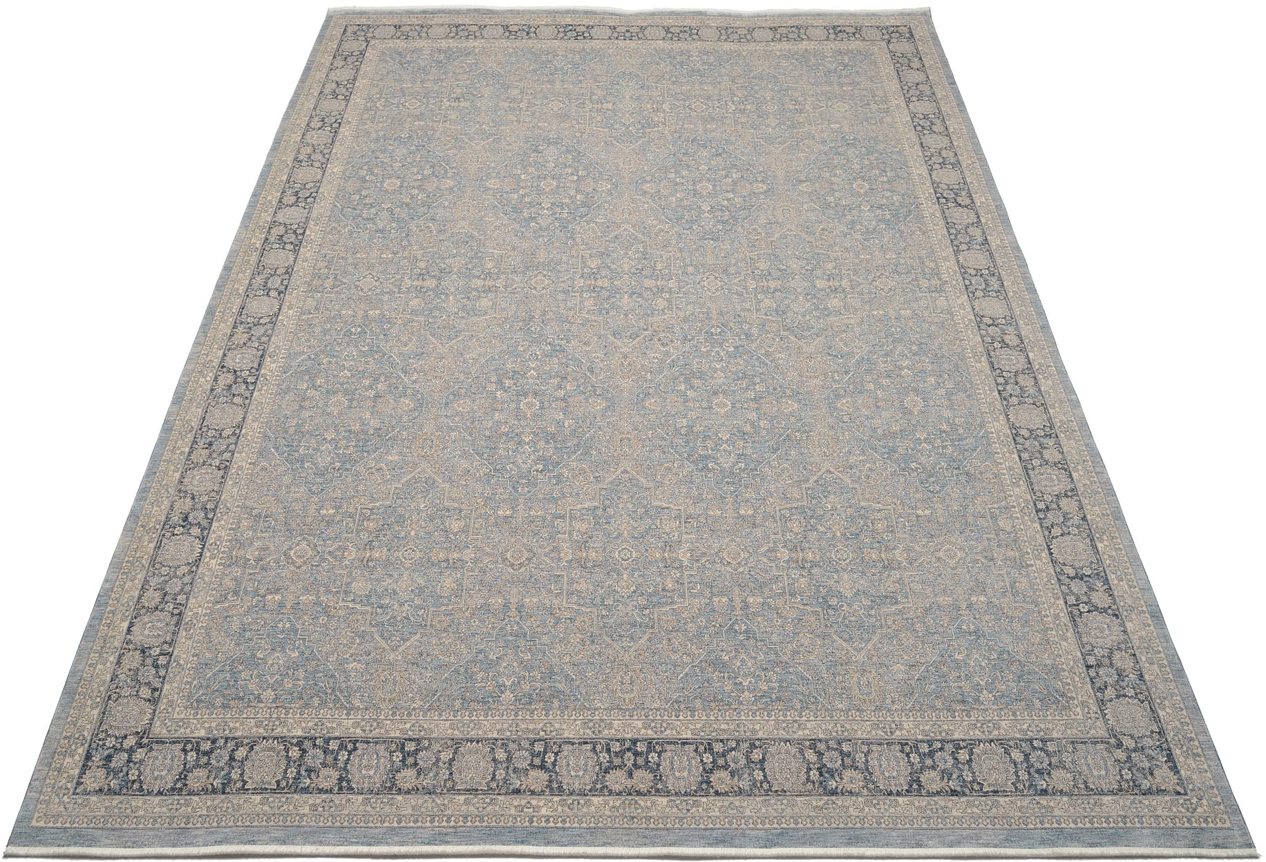 Teppich OCI DIE TEPPICHMARKE "GRAND FASHION 05", blau, B:240cm H:5mm L:300cm, Polyester, Teppiche, Teppich, Vintage Optik, feine Fransen, Wohnzimmer