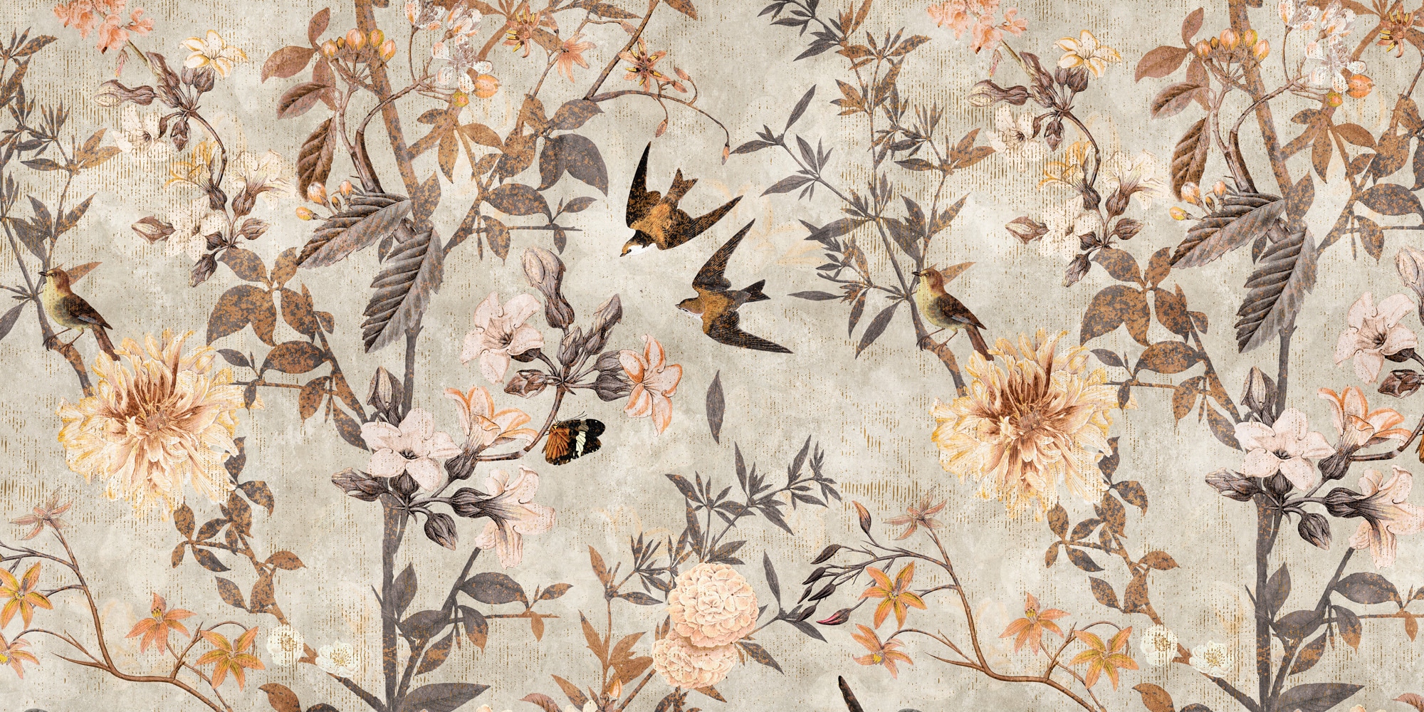 living walls Vliestapete »Vogel-Tapete florales Muster Beige Braun« matt glatt
