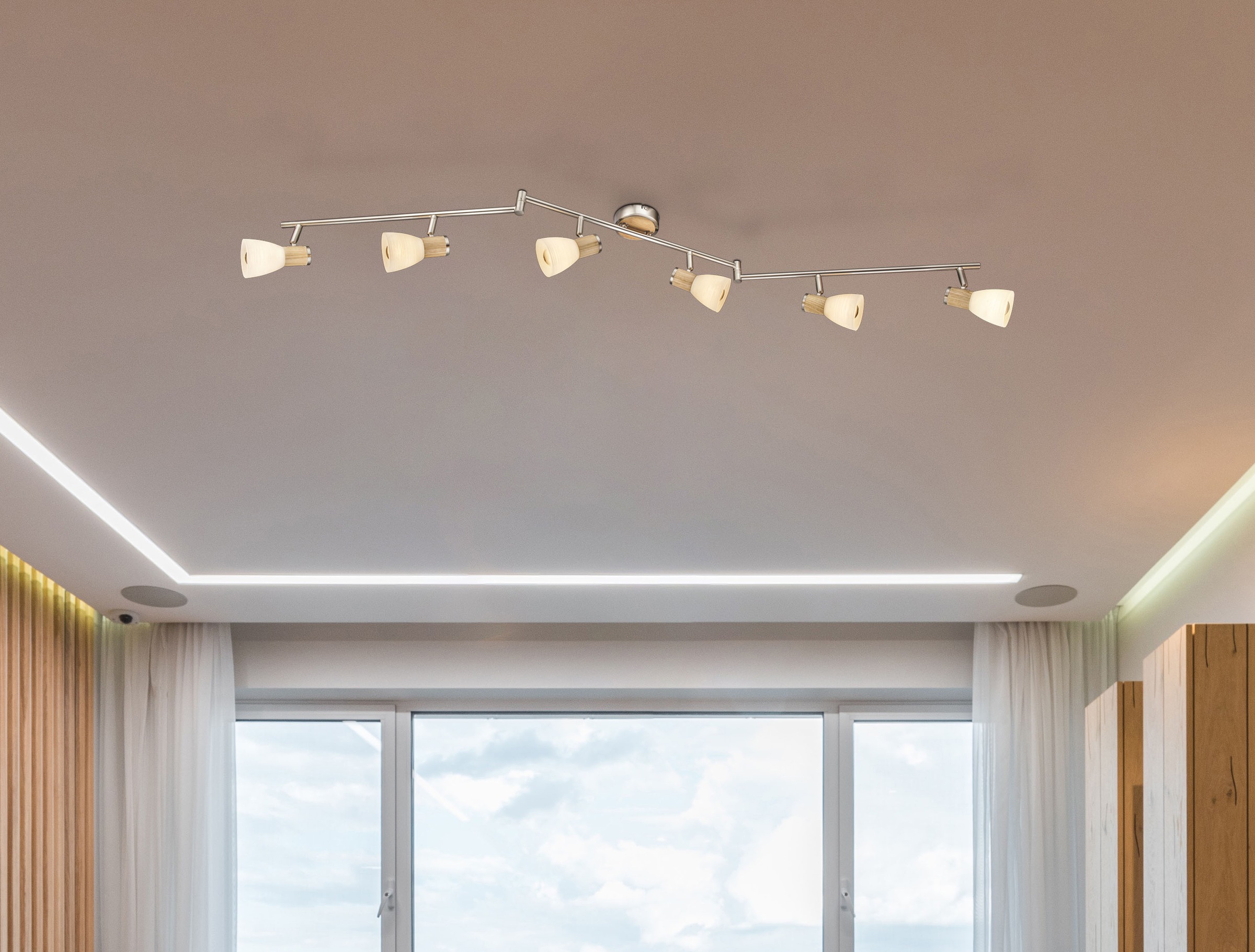 GLOBO LIGHTING Deckenspot »GYLFI« E14 1 Stk. Strahler Nickel/Holz, Glas opal/gestreift, E14