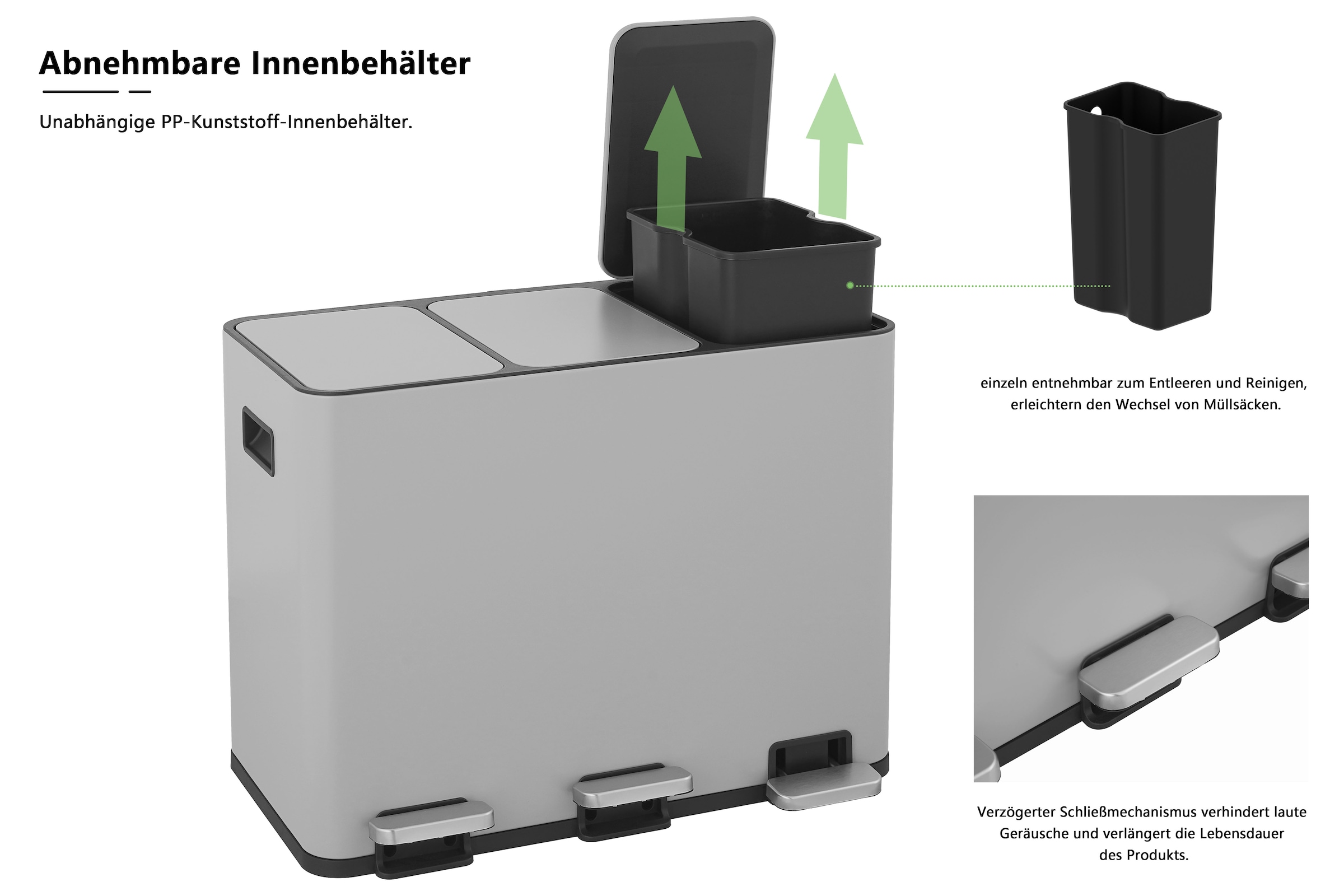 OTTO home Mülleimer »Garrin, Soft Close, Fassungsvermögen 3x 15 Liter« 3 Behälter Mülltrennsystem mit 3 separaten Innenbehältern und Fußtrittpedalen