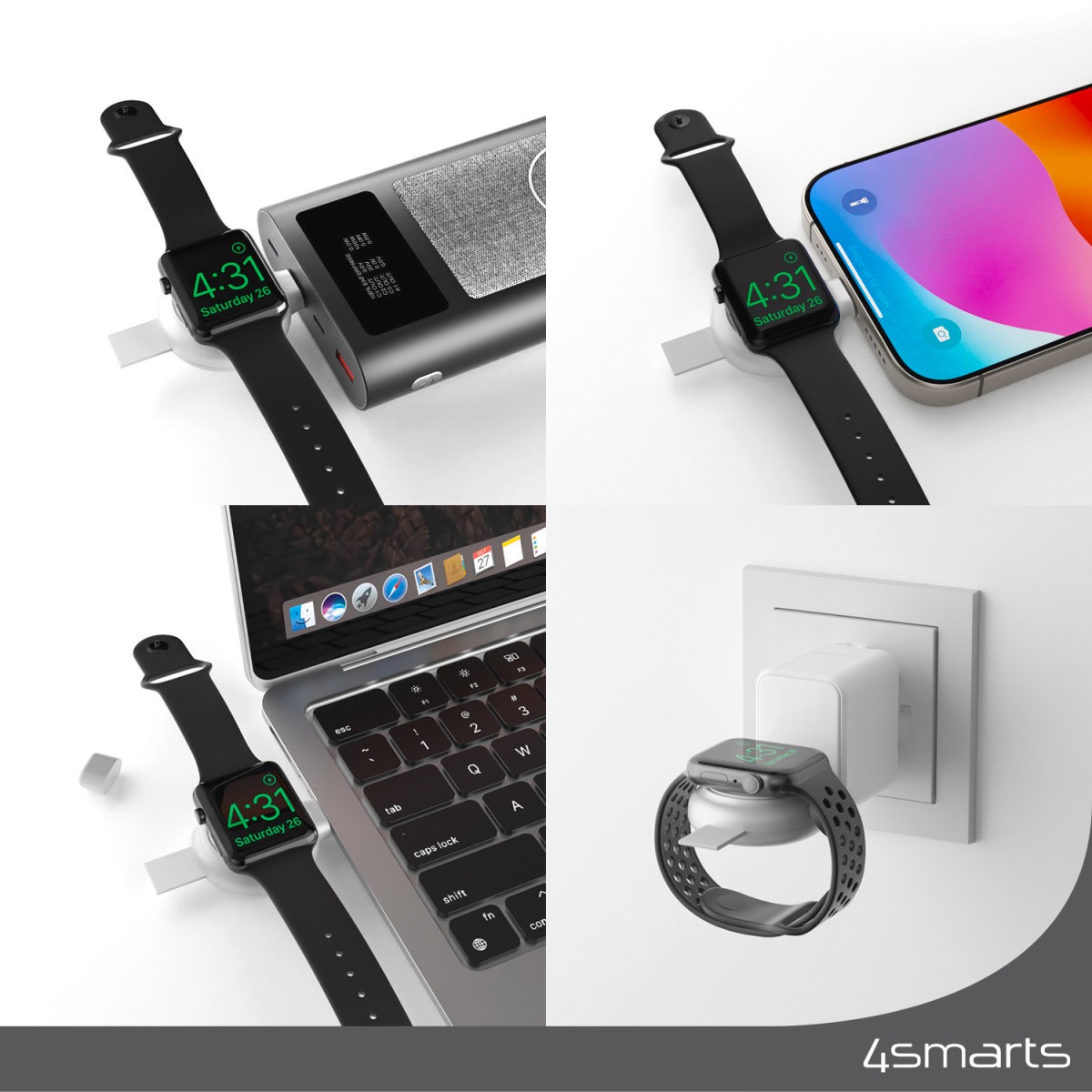4smarts Wireless Charger »Qi2 Ladestation Trident mit MFi Fast Charger«, für Apple iPhone, Watch 1/2/3/4/5/6/7/8/9/SE, Ultra, Ultra 2 und iPods