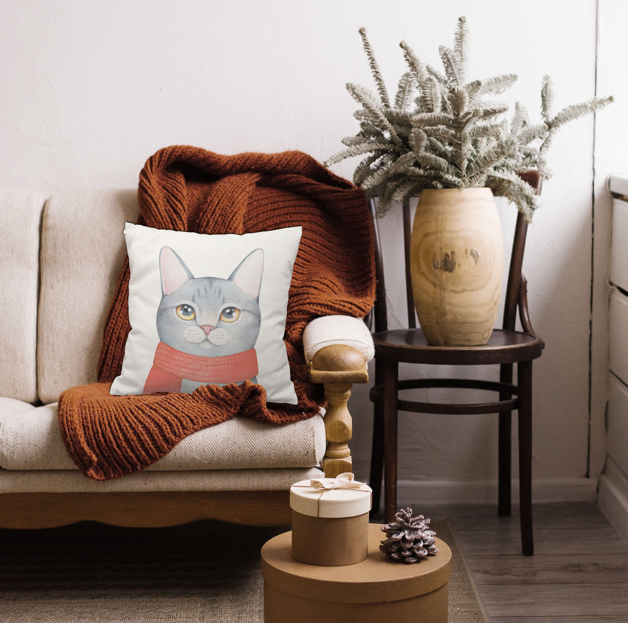 queence Dekokissen "Katze mit Schal im Winter" Dekokissen mit HD Premium Druck Weihnachten