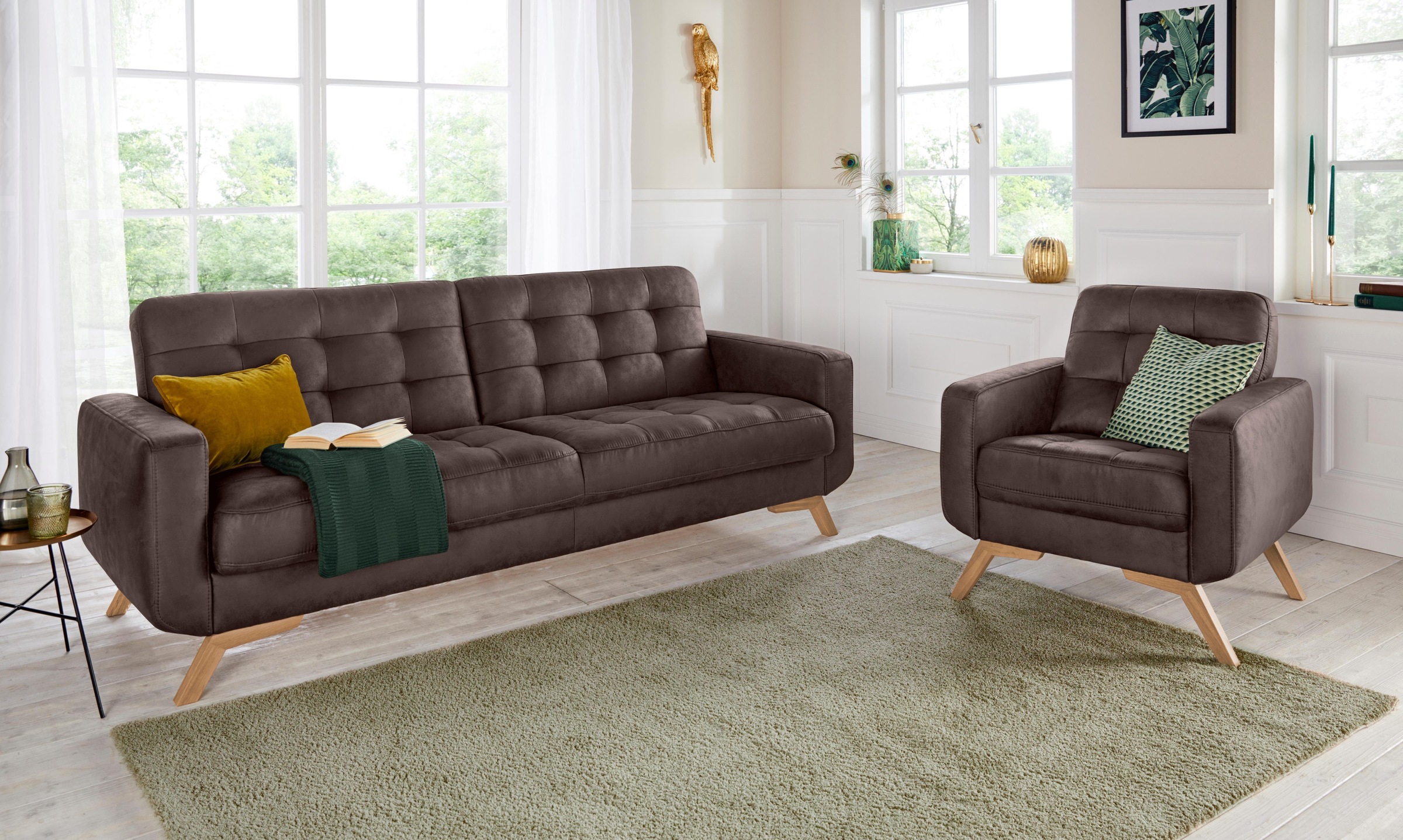 exxpo - sofa fashion 3-Sitzer »Fiord, aktuelles Design, tolle Detailverarbeitung im Sitz und Rücken«, bequem, wahlweise Kippcouch mit Bettfunktion und Bettkasten, Holzfuß