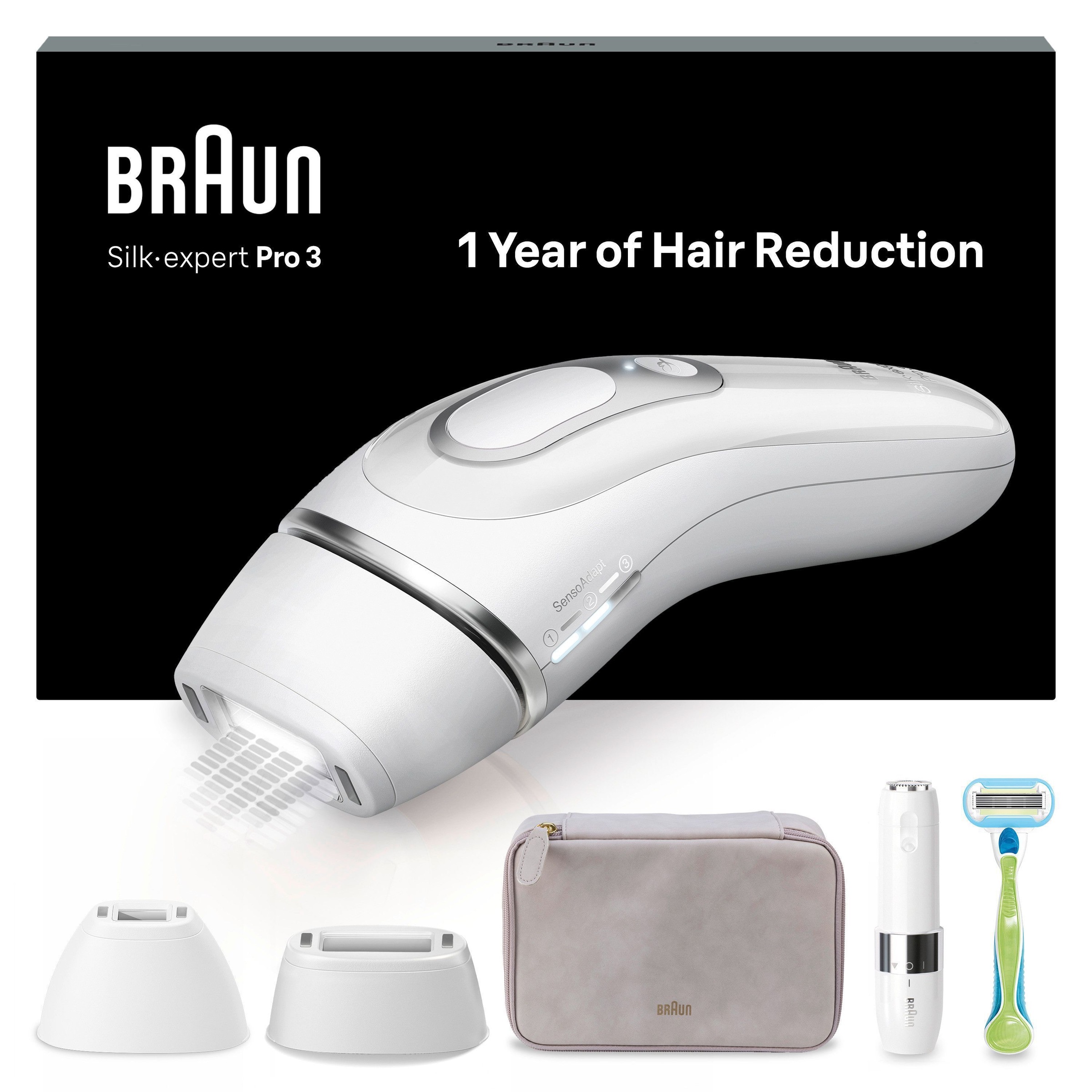 Braun IPL-Haarentferner »Silk·expert Pro 3 PL3136«, pro Minute bis zu 100 Lichtimpulse, 2 Aufsätze, Venus Rasierer, mit Aufbewahrungstasche