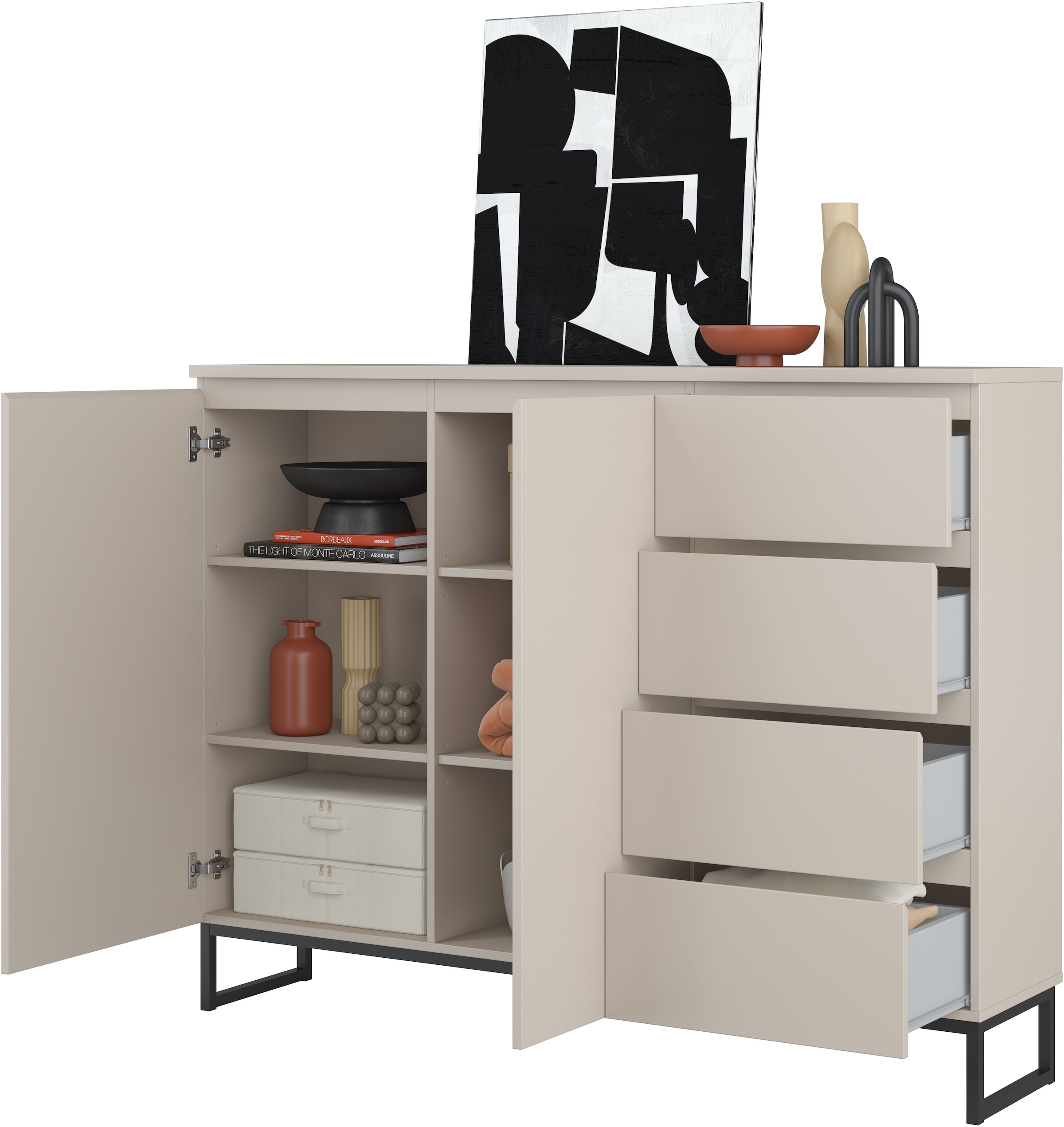 OTTO home Sideboard »Modo II, Breite 150 cm, moderne grifflose Kommode 2Türen/4 SK« Schubladenschrank viel Stauraum, Einlegeböden verstellbar, Metallkufen