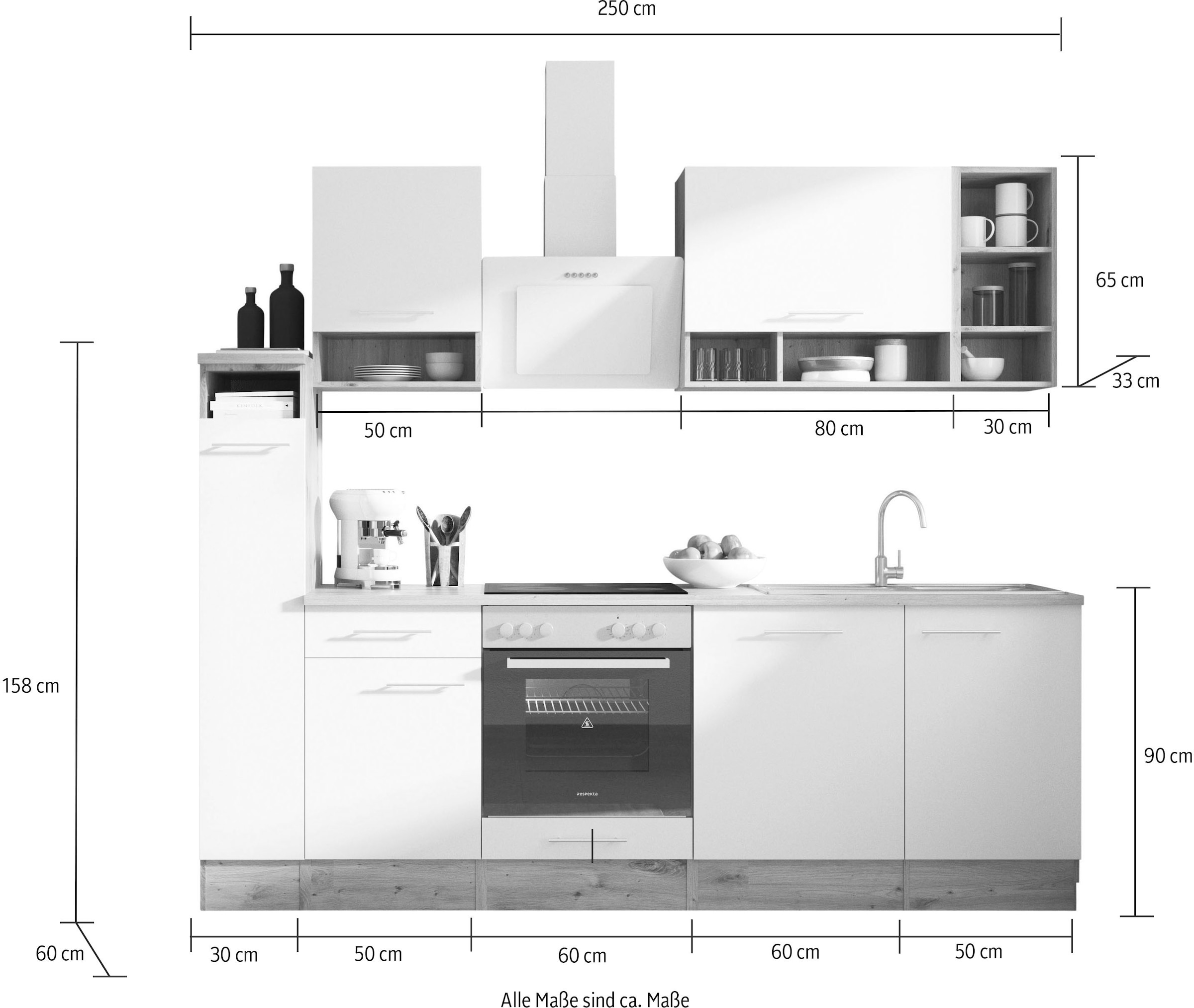 RESPEKTA Küche »Hilde«, Breite 250 cm, wechselseitig aufbaubar