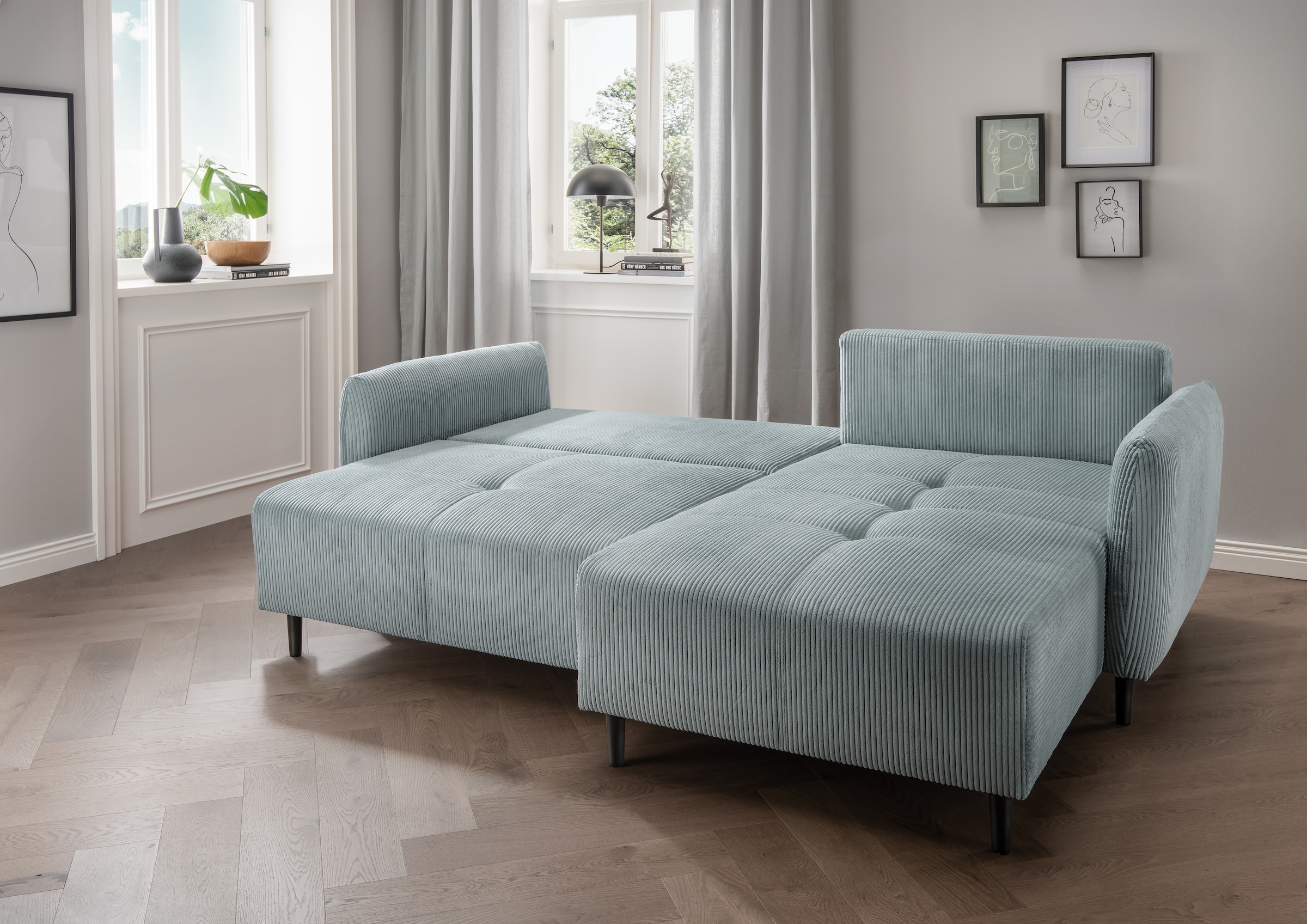 INOSIGN Ecksofa »Mara, L-Form, aktueller Cord Bezug und tolle Farben, schmale Armlehnen«, whlw. mit Bettfunktion,Recamiere links/rechts montierbar, Breite 238cm