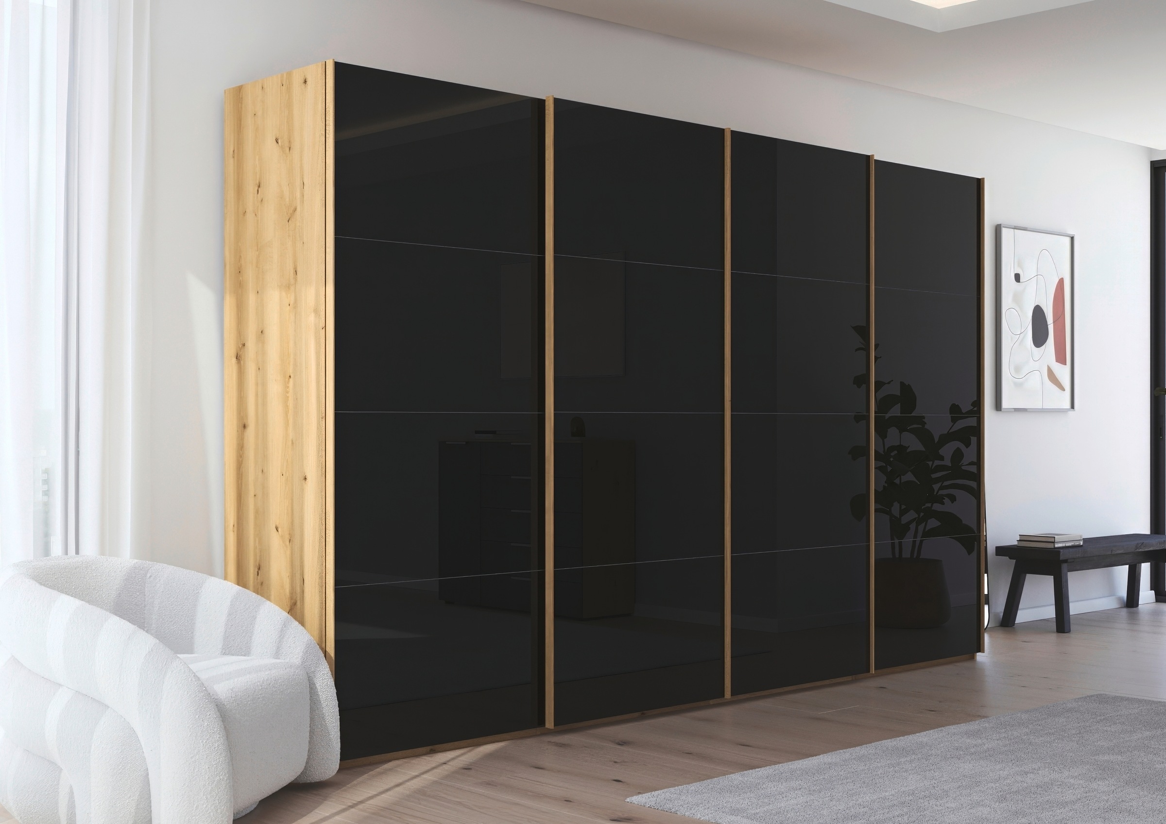 rauch Schwebetürenschrank »Kleiderschrank Schrank Garderobe Schlafzimmerschrank SCALE-FYRA«, edle viergeteilte Türen mit Glas-Front viele Farben MADE IN GERMANY