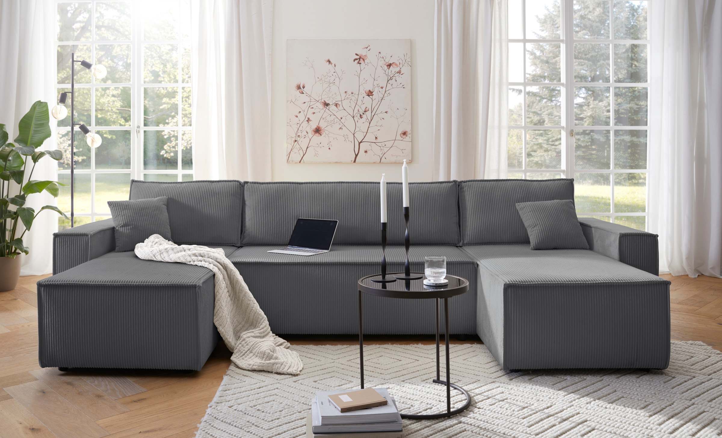 OTTO home Wohnlandschaft »CASSI, 311 cm, U-Form, Schlafsofa, Dauerschläfer, Boxspringfederung«, Schlaffunktion (133/270cm), Bettkasten, Seitentaschen, Cord-Bezug