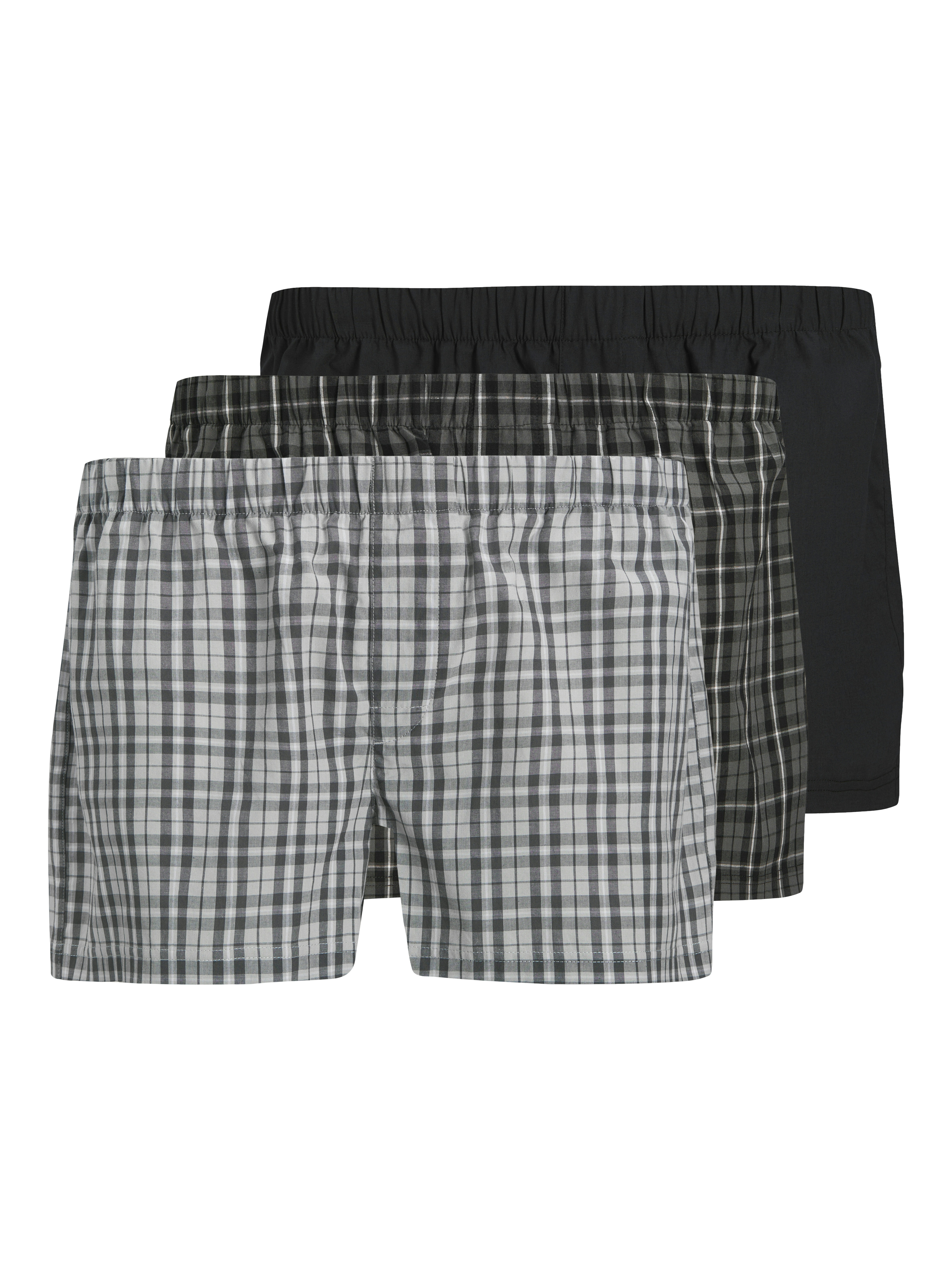 JACK & JONES Herren Boxershorts "JACMILANO WOVEN BOXERS 3 PACK NOOS", Gr. L, schwarz, Jersey, Obermaterial: 100% Baumwolle, gestreift, kariert,