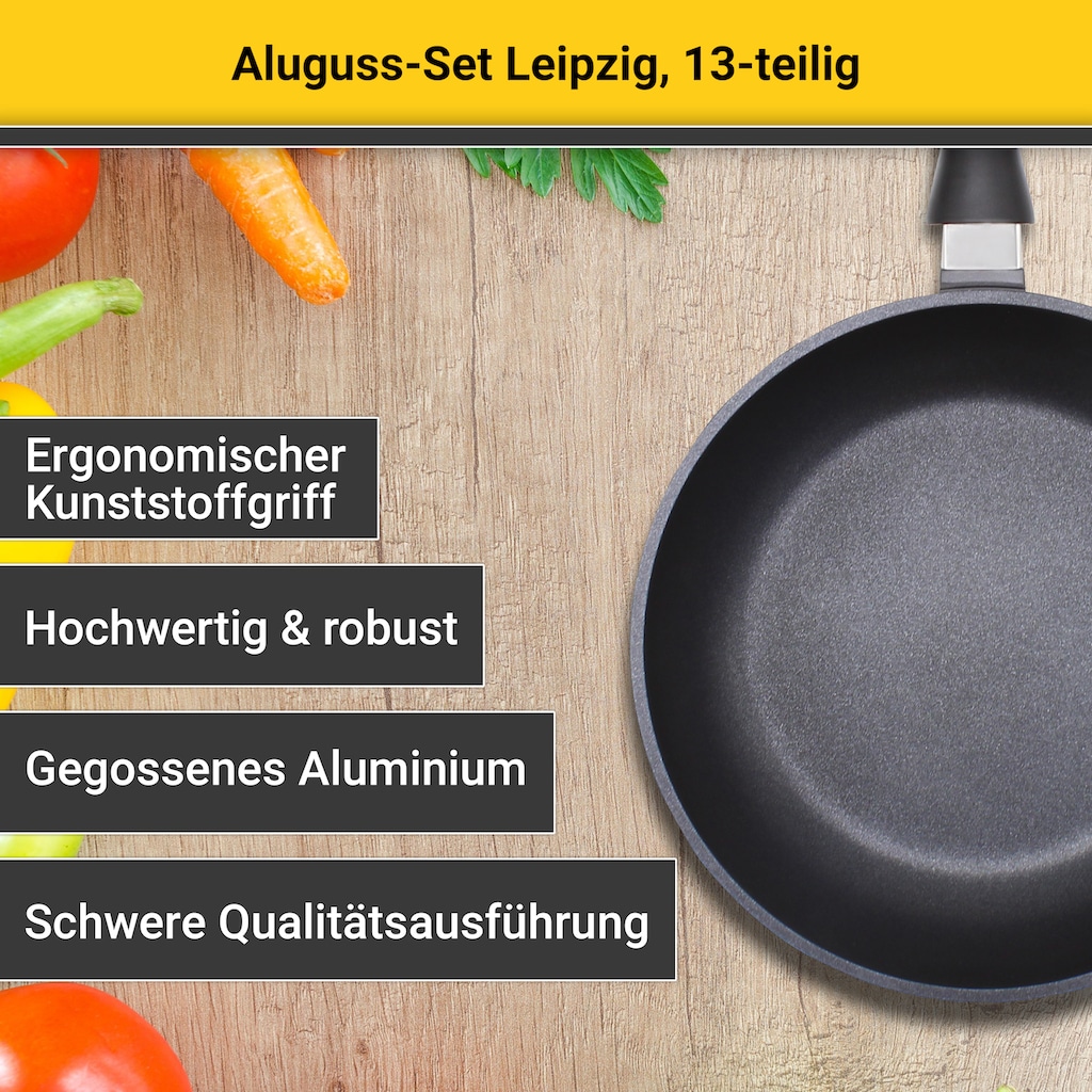 Krüger Topf-Set »Aluguss Topf-/Pfannenset LEIPZIG inkl. Küchenhelfern, 13 tlg.«, Aluminiumguss, (Set, 13 tlg., Fleischtopf 16+20 cm, Pfanne flach 20+28 cm, 7 tlg. Küchenhelferset)