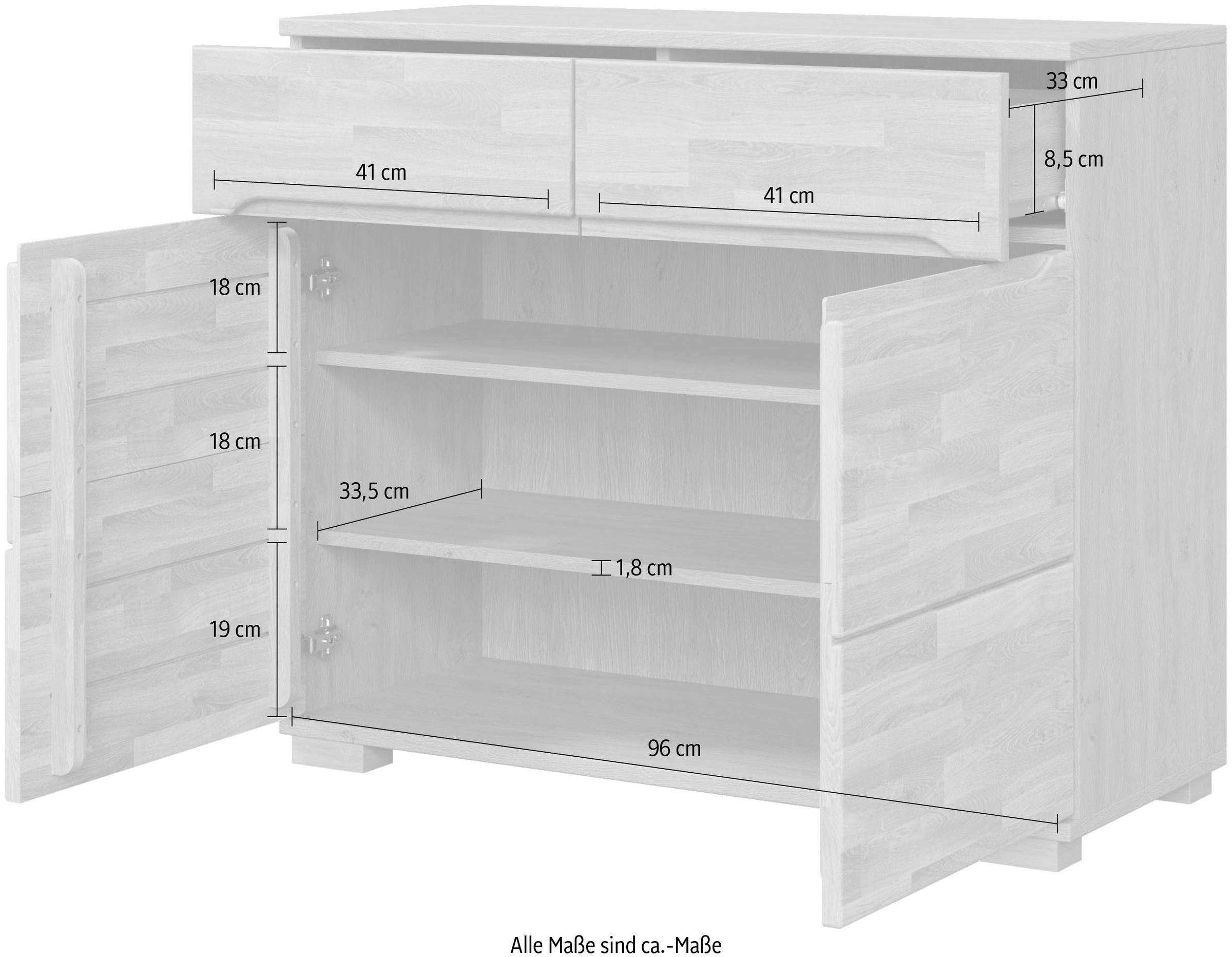 Home affaire Sideboard »VETRO in zwei Farben Erhältlich, teilmassiv, 2 Schubladen, 3 Fächer« B/T/H: 100/40/85cm Fronten: Massivholz, Korpus: Melamin, Griffmulden