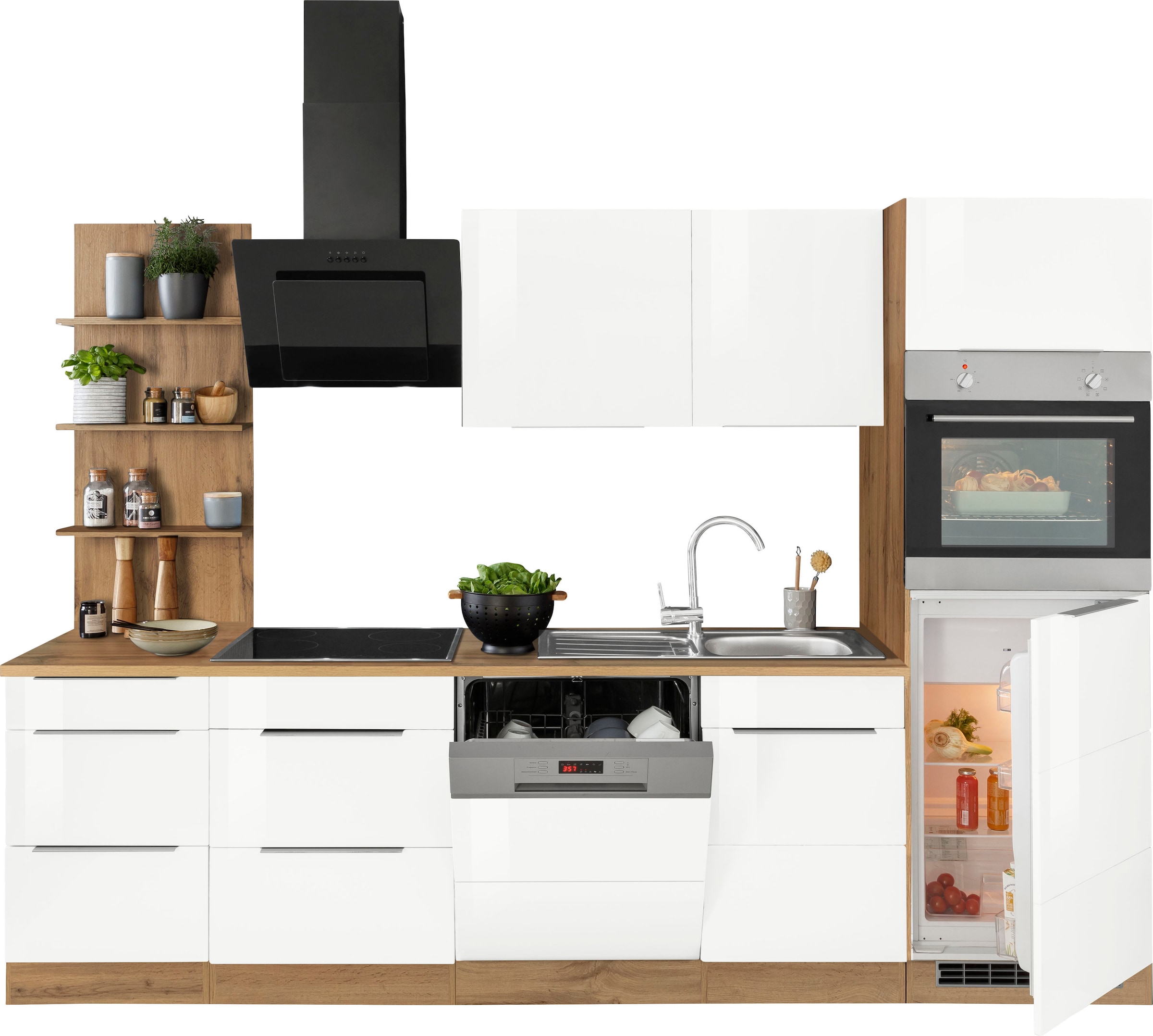 KOCHSTATION Küchenzeile »KS-Brindisi Breite 280 cm« wahlweise mit E-Geräten und Induktion, mit MDF-Fronten und Regal