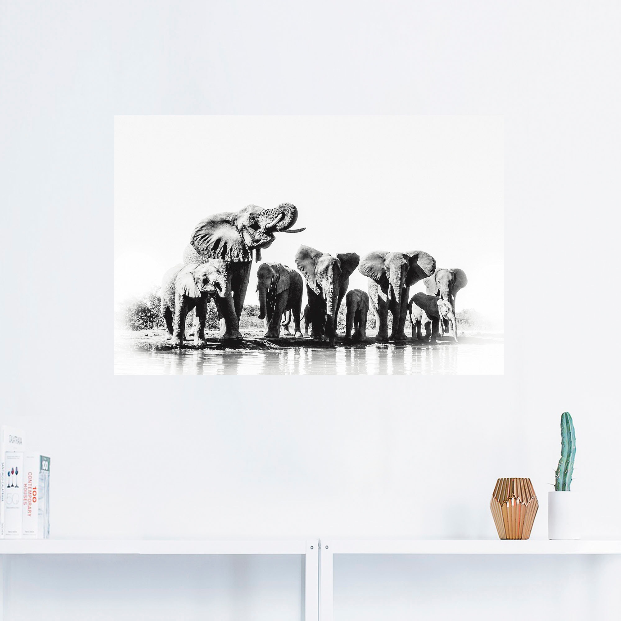 Black Friday Artland Bilder, als Poster in Größen »Elefanten Elefanten Alubild, Wandaufkleber | St.), Leinwandbild, (1 am oder Wasserloch«, BAUR Wandbild versch