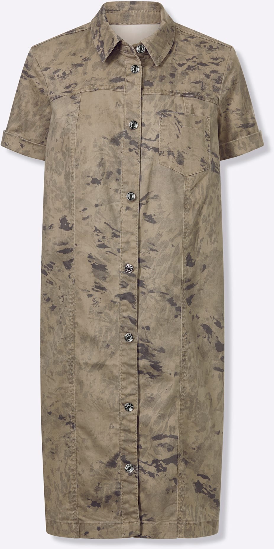 Druckkleid HEINE "Druck-Kleid", Damen, Gr. 44, Normalgrößen, sesam, anthrazit, bedruckt, 63% Baumwolle, 35% Lyocell, 2% Elasthan, bedruckt, gemustert, mehrfarbig, kurz, V-Ausschnitt, Kleider Druckkleid 3