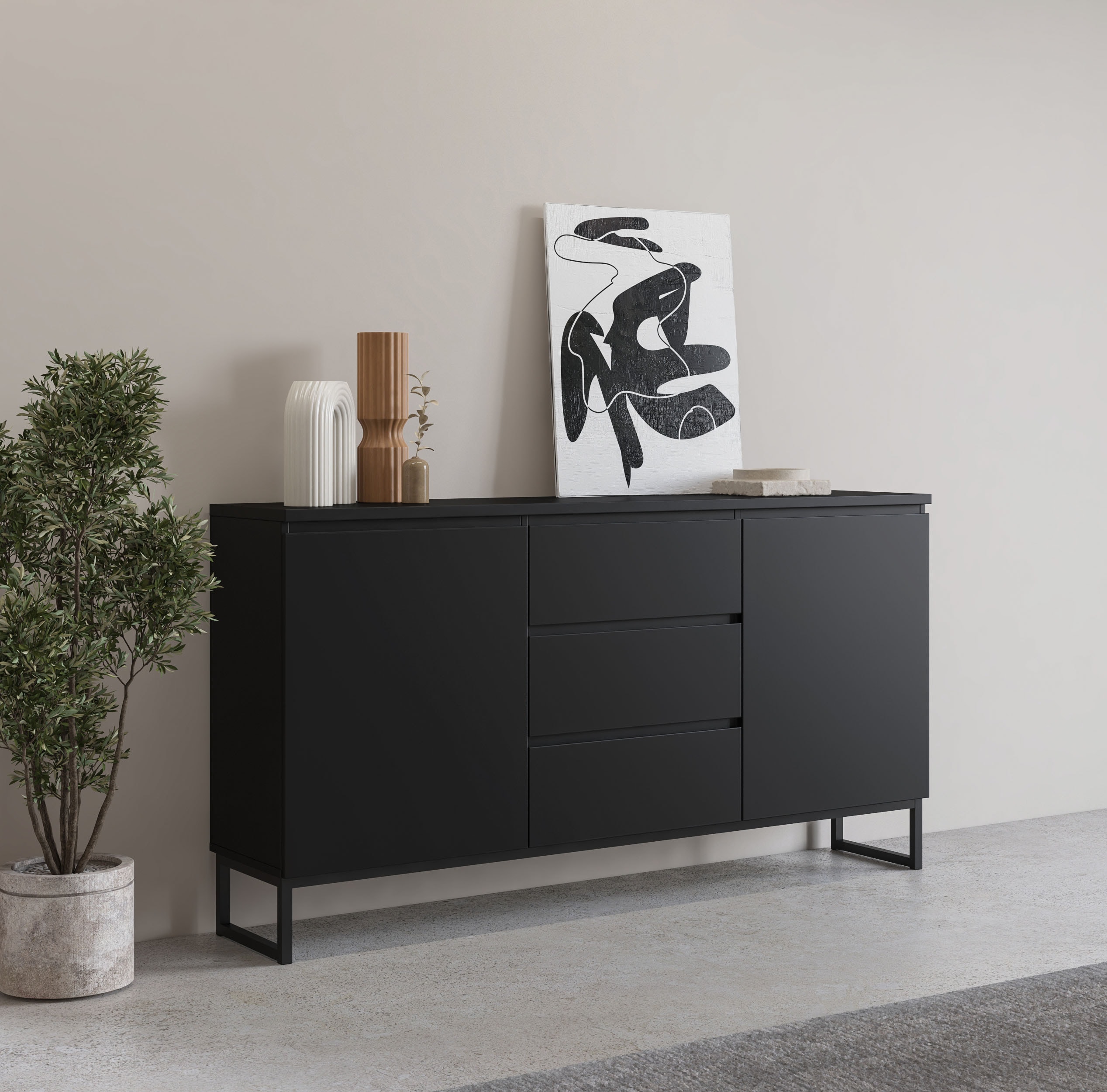 OTTO home Sideboard "Modo II, Breite 150 cm, moderne grifflose Kommode 2Türen/3 SK" Schubladenkommode viel Stauraum, Einlegeböden verstellbar, Metallkufen