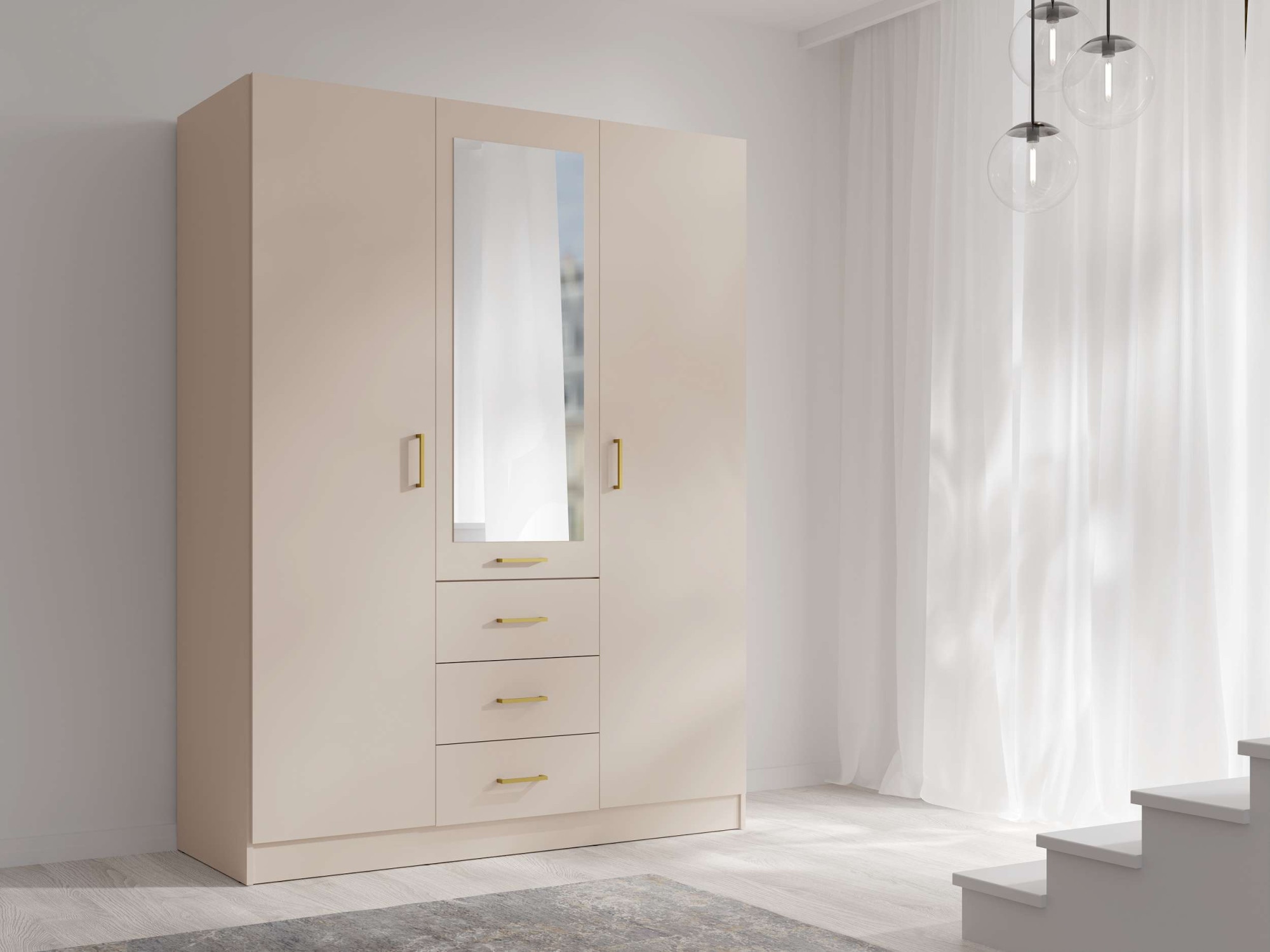 OTTO home Kleiderschrank "KOS Garderobe mit 3 Schubladen, Kleiderstange, 4 Einlegeböden, Spiegel" Kleiderschrank mit 3 Türen, goldenen Griffen, Maße B/H/T 150/200/58 cm