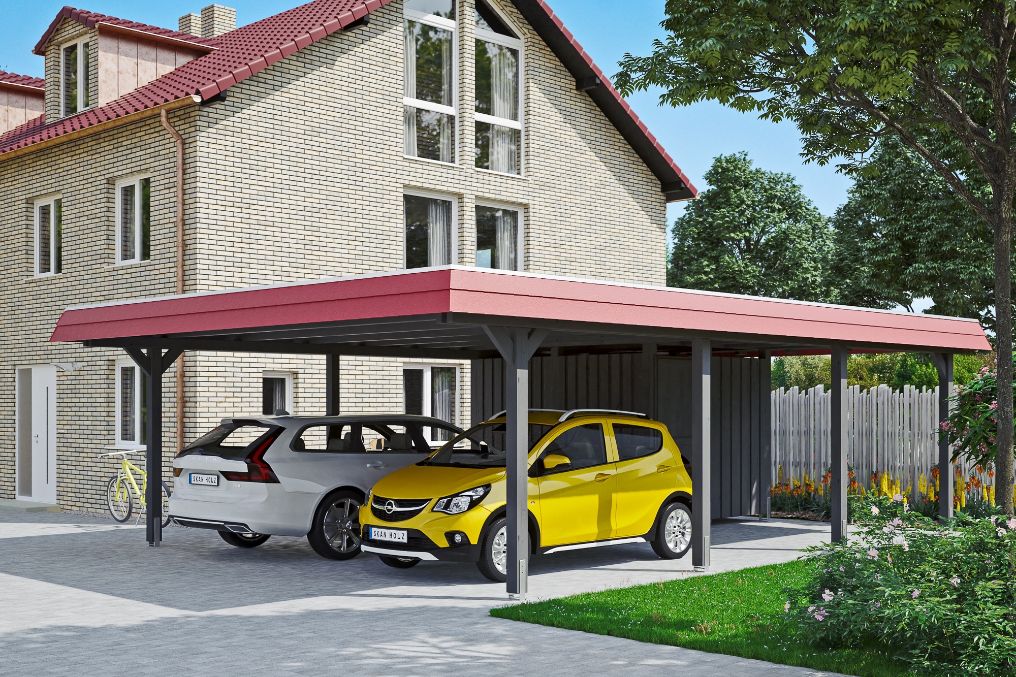 Skanholz Doppelcarport »Wendland«, Leimholz-Fichte, 550 cm, Schiefergrau, mit Abstellraum mit EPDM-Dach, rote Blende