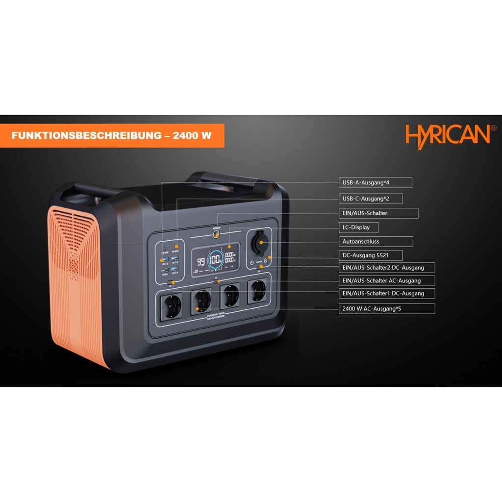 Hyrican Powerstation »UPP-2400 Kit 2400Watt, 2232 Wh, LiFePO4, tragbarer Akku/Batterie«, 697500 mAh