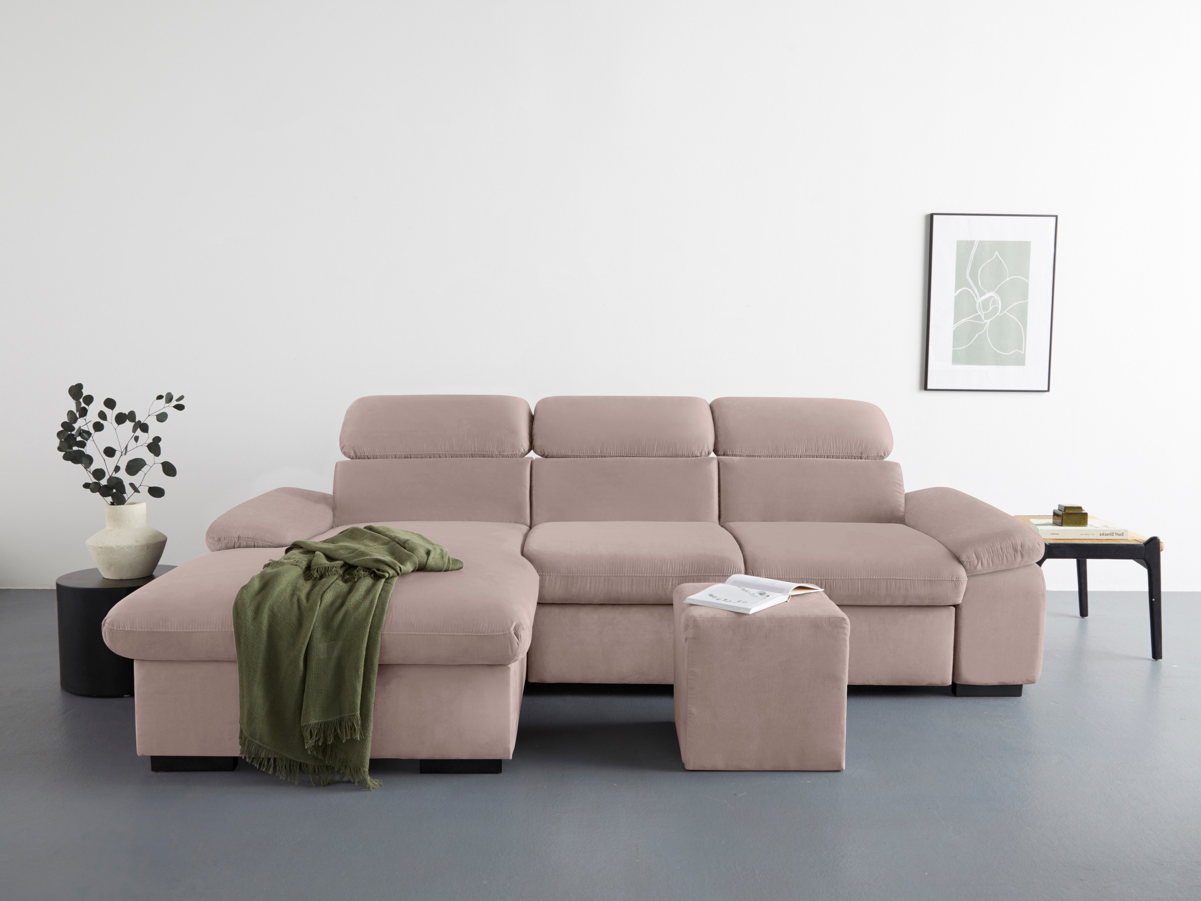 Ecksofa »Lola L-Form«, (Set, mit Hocker), mit Hocker & Kopfteilfunktion, wahlw. Bett-...