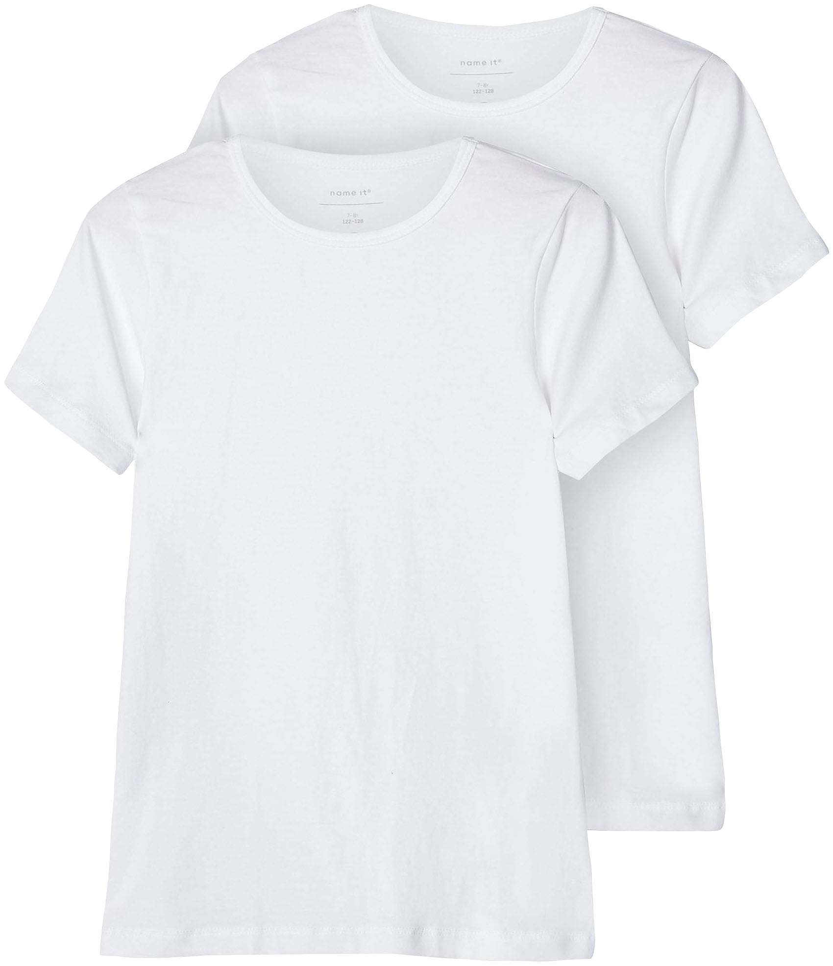 T-Shirt NAME IT "NKMT-SHIRT – T-Shirt im 2er-Pack mit Rundhals", Jungen, Gr. 134 (140), weiß (hellweiß), Jersey, Obermaterial: 95% Baumwolle, 5% Elasthan, unifarben, slim fit hüftbedeckend, Rundhals, abgesteppte Kante, Shirts T-Shirt, unifarben, casual, s 3