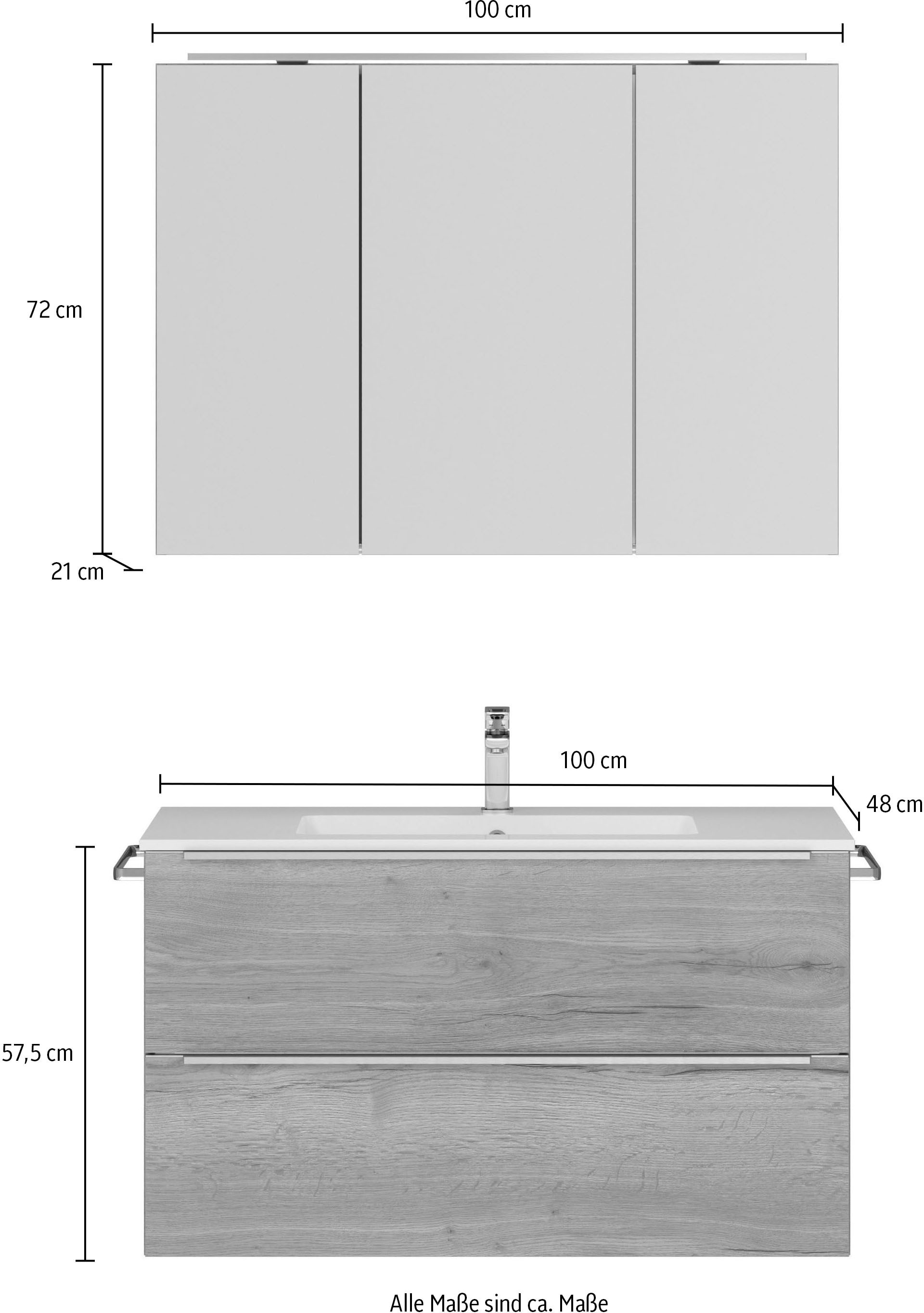 nobilia® Badmöbel-Set »Levere«, (2 St., vormontiert, mit Soft-Close), inkl. Spiegelschrank mit Beleuchtung und Dimmerfunktion, in 4 Breiten