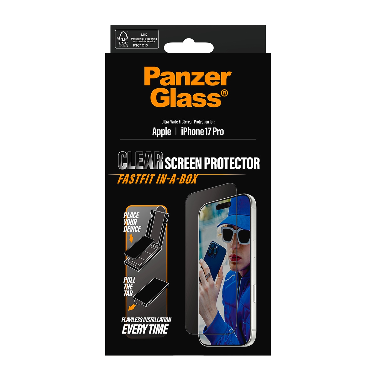 CARE by PanzerGlass Displayschutzglas »Ultra-Wide Fit Screen Protector FASTFIT IN-A-BOX«, für Apple iPhone 17 Pro, Displayschutzfolie, Schutzfolie, Bildschirmschutz, kratz- & stoßfest