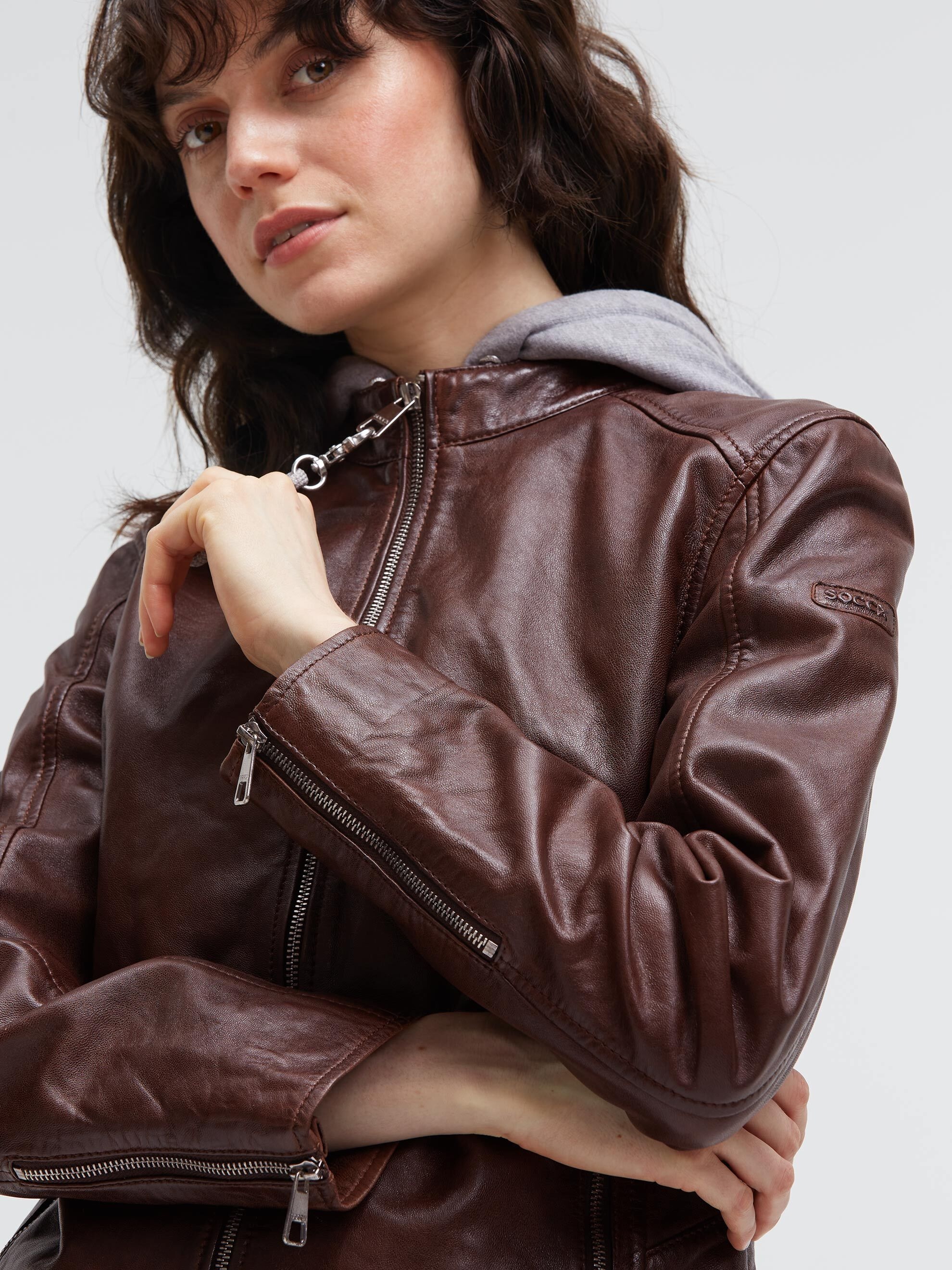 SOCCX Lederjacke mit Kapuze mit Reißverschluss an den Einschubtaschen