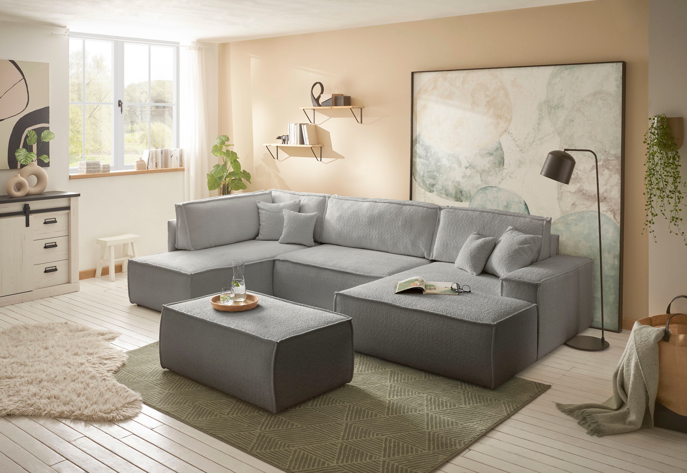 andas Wohnlandschaft »FINNLEY U-Form XXL 329 cm, Schlafsofa, Schlaffunktion m. Bettkasten«, (194/139 cm), Bouclé, Struktur und Cord