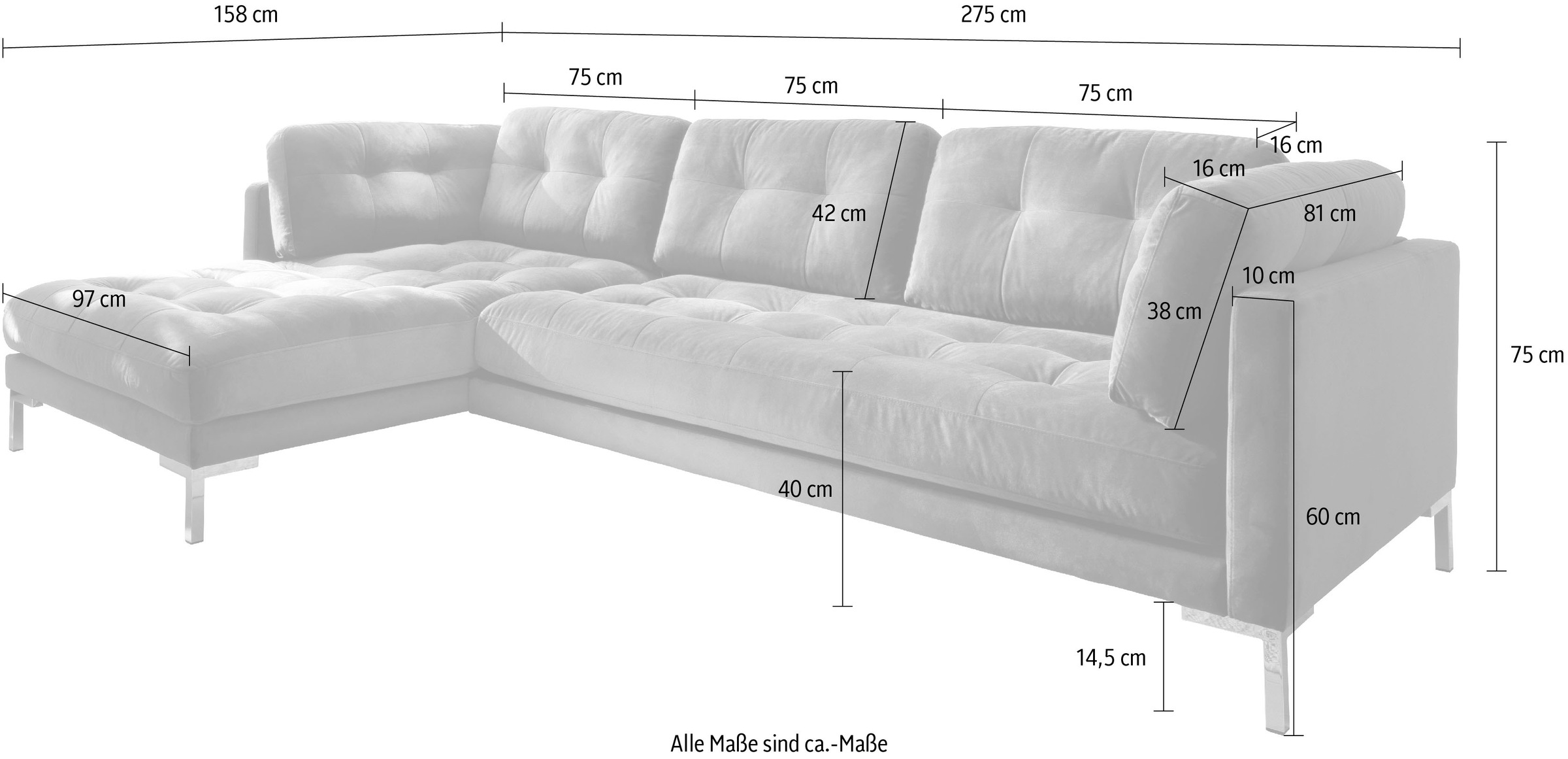 Trends by HG Ecksofa »Landau L-Form«, in Cord-Stoff mit Metallfuß