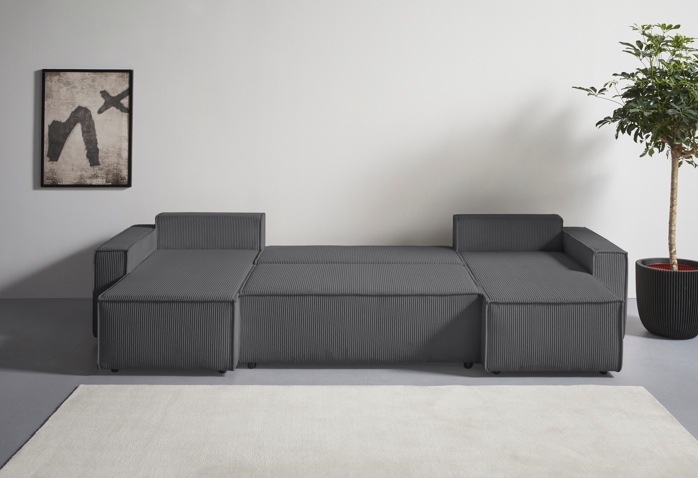 OTTO home Wohnlandschaft »CASSI, 311 cm, U-Form, Schlafsofa, Dauerschläfer, Boxspringfederung«, Schlaffunktion (133/270cm), Bettkasten, Seitentaschen, Cord-Bezug