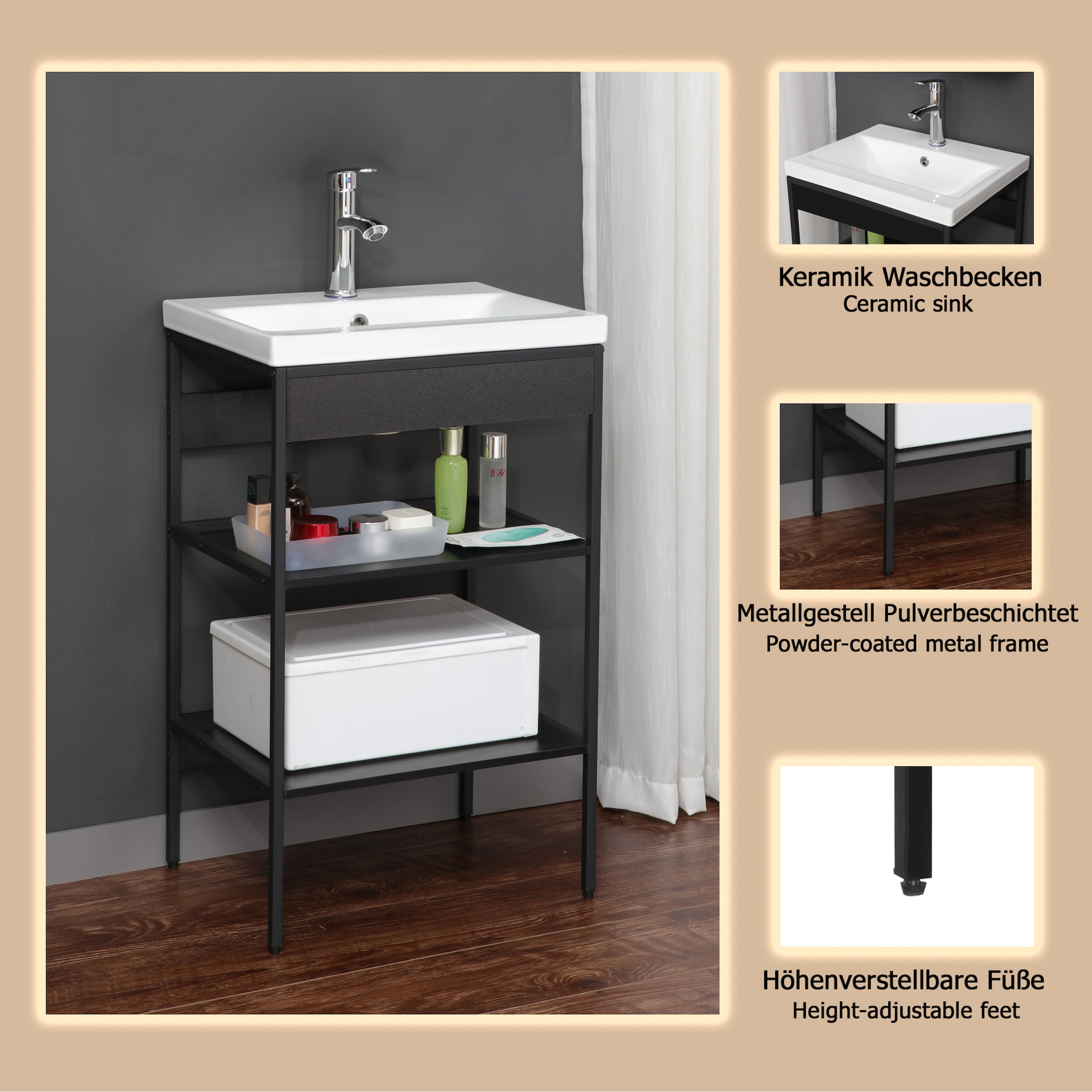 welltime Waschbeckenunterschrank »Lodi« 2 Stk. tlg. Waschbeckenregal mit Metallrahmen - (B/T/H) 52 / 40 / 83 cm