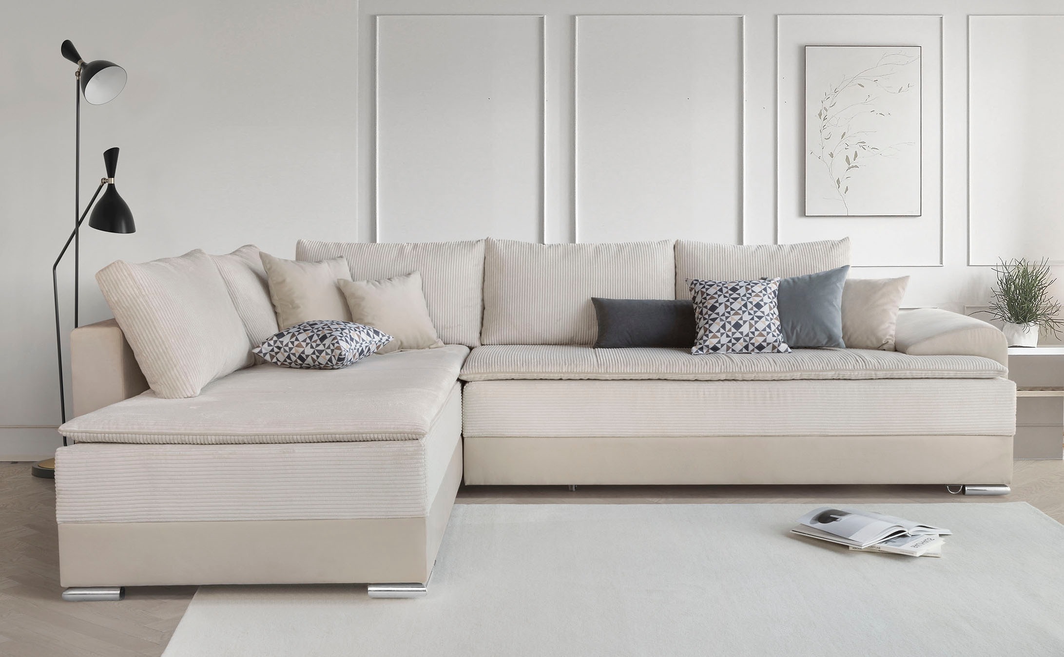 OTTO home "Night & Day L-Form, B: 324 cm" mit Bettfunktion, Bettkasten & 3 Zierkissen, Boxspringbett 180x200 cm