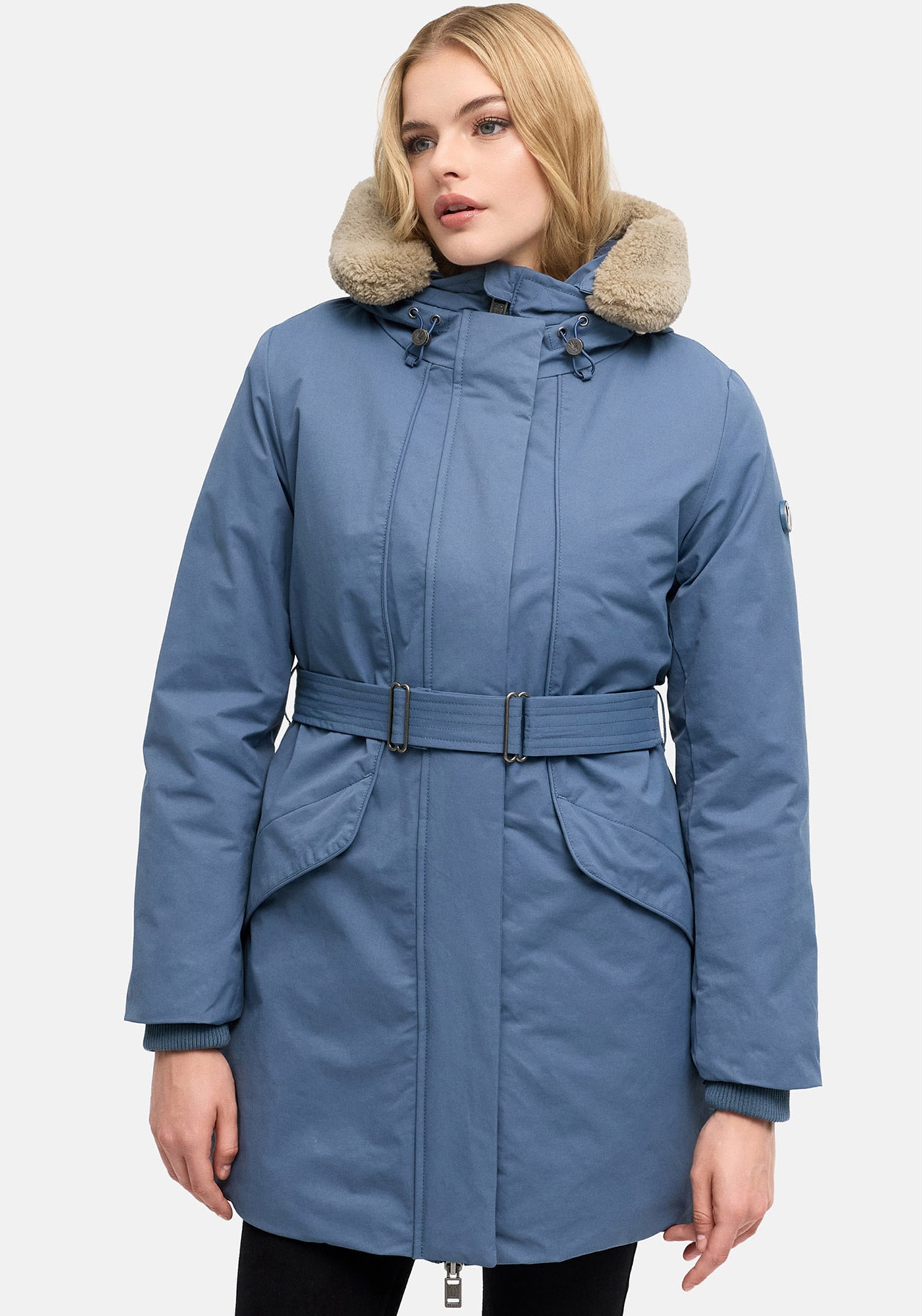 Marikoo "Calistaa" mit Kapuze Warmer Damen Wintermantel mit Taillengürtel und hohem Kragen