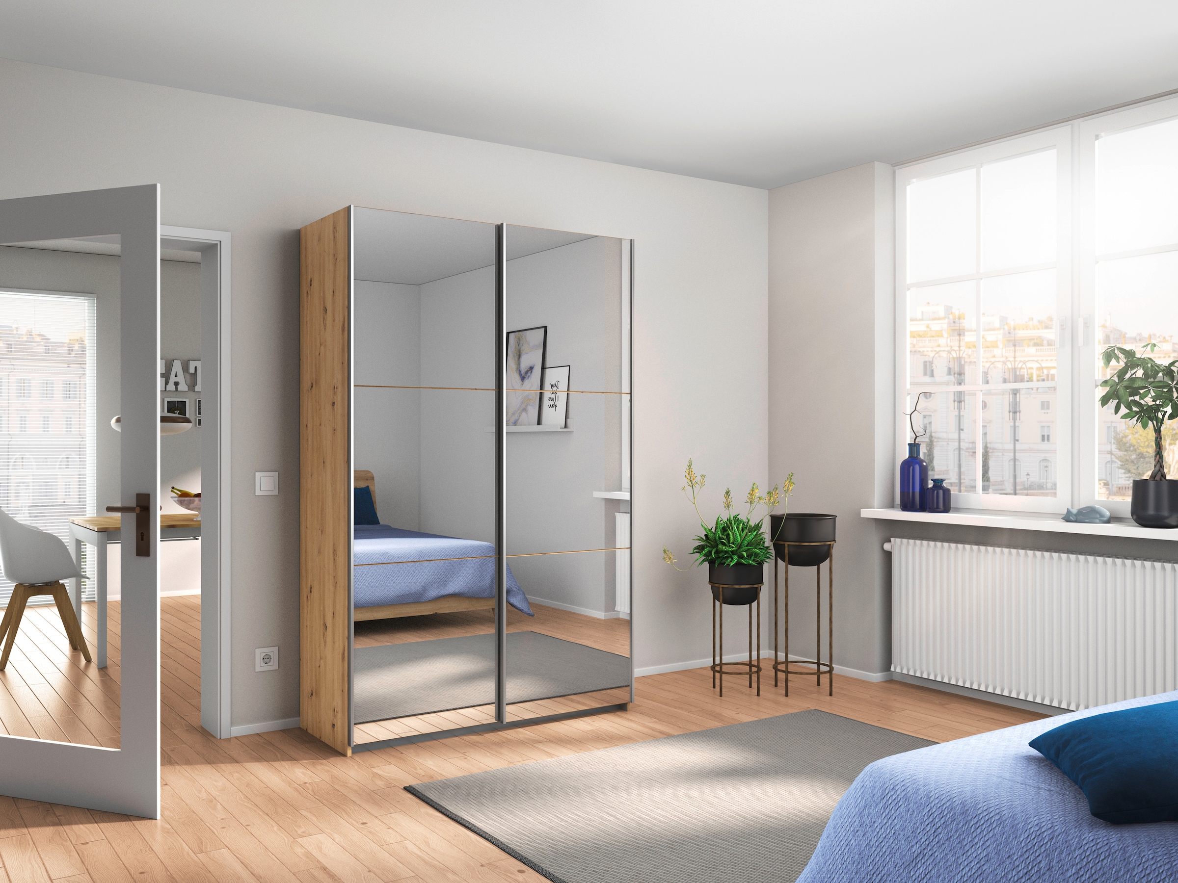 rauch Schwebetürenschrank »Kleiderschrank Schrank Garderobe REFLECT«, inkl. praktischer Innenausstattung mit 2 Stoffboxen MADE IN GERMANY