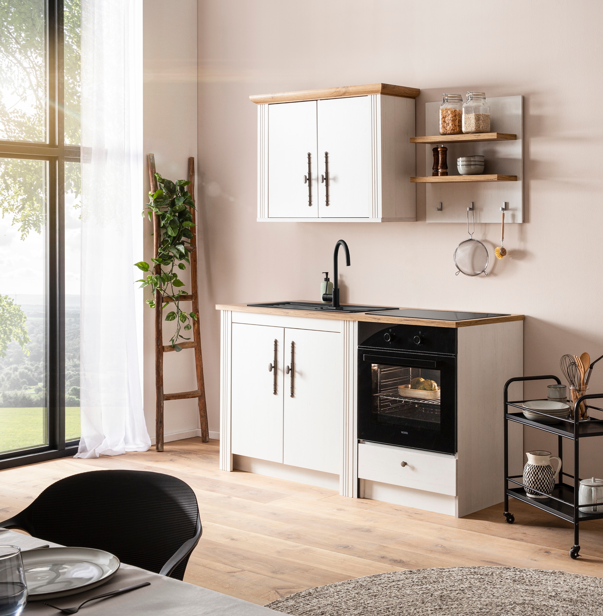 KOCHSTATION Küchenzeile »KS-Westminster, Pantryküche im Landhaus Stil, hochwertige Metallgriffe«, (Set), Breite 164 cm, Kommode, Wandpaneel, Hängeschrank und Herdumbau