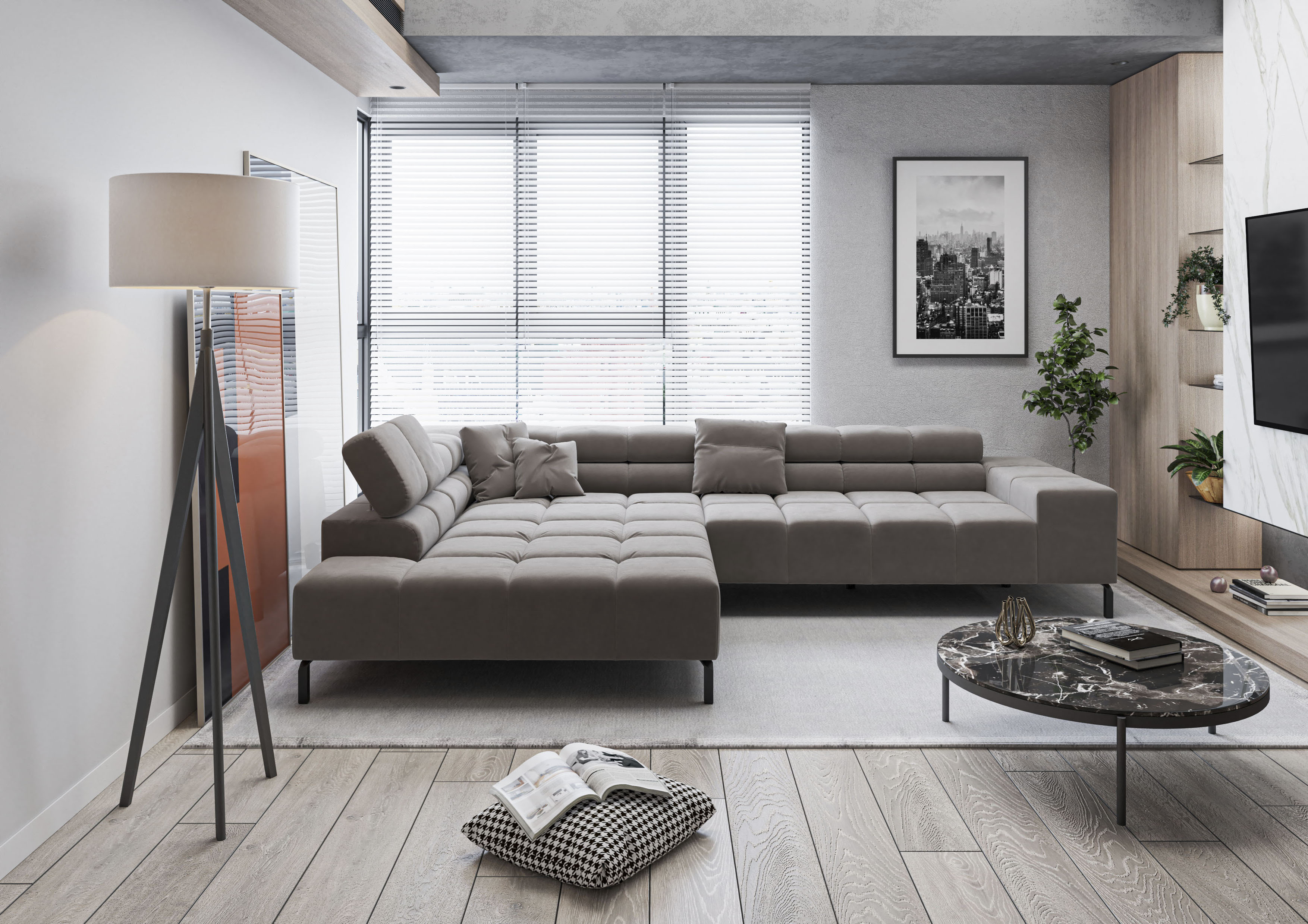 Home affaire Ecksofa "Ancona New, wahlweise motorische Sitztiefenverstellung, auch in Cord" feine Steppung, mit Kopfteilverstellung, 3 Zierkissen, L-Form