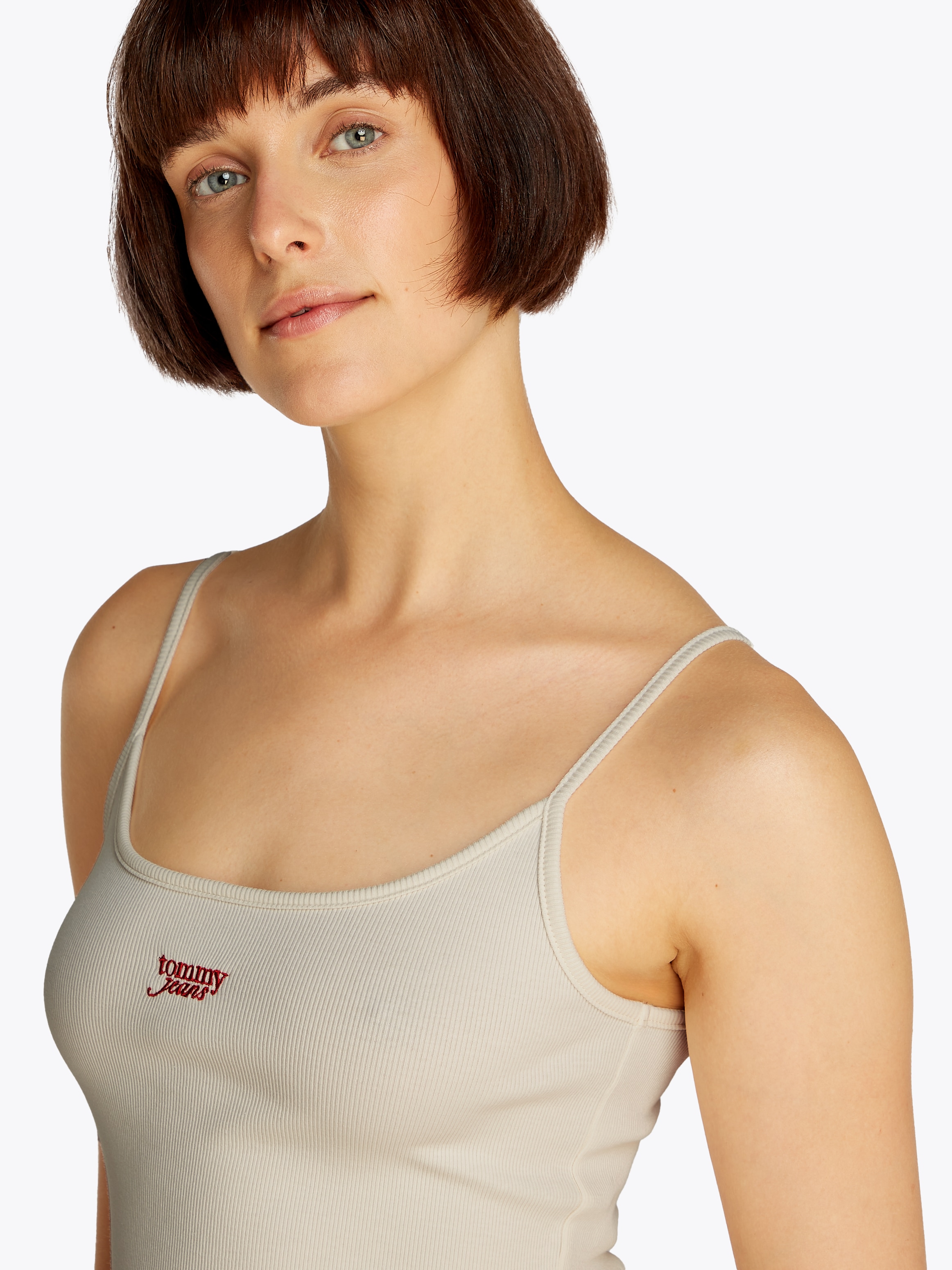 Tommy Jeans Spaghettitop »TJW SCRIPT STRAPPY TOP«, in Rippoptik, mit Logoschriftzug