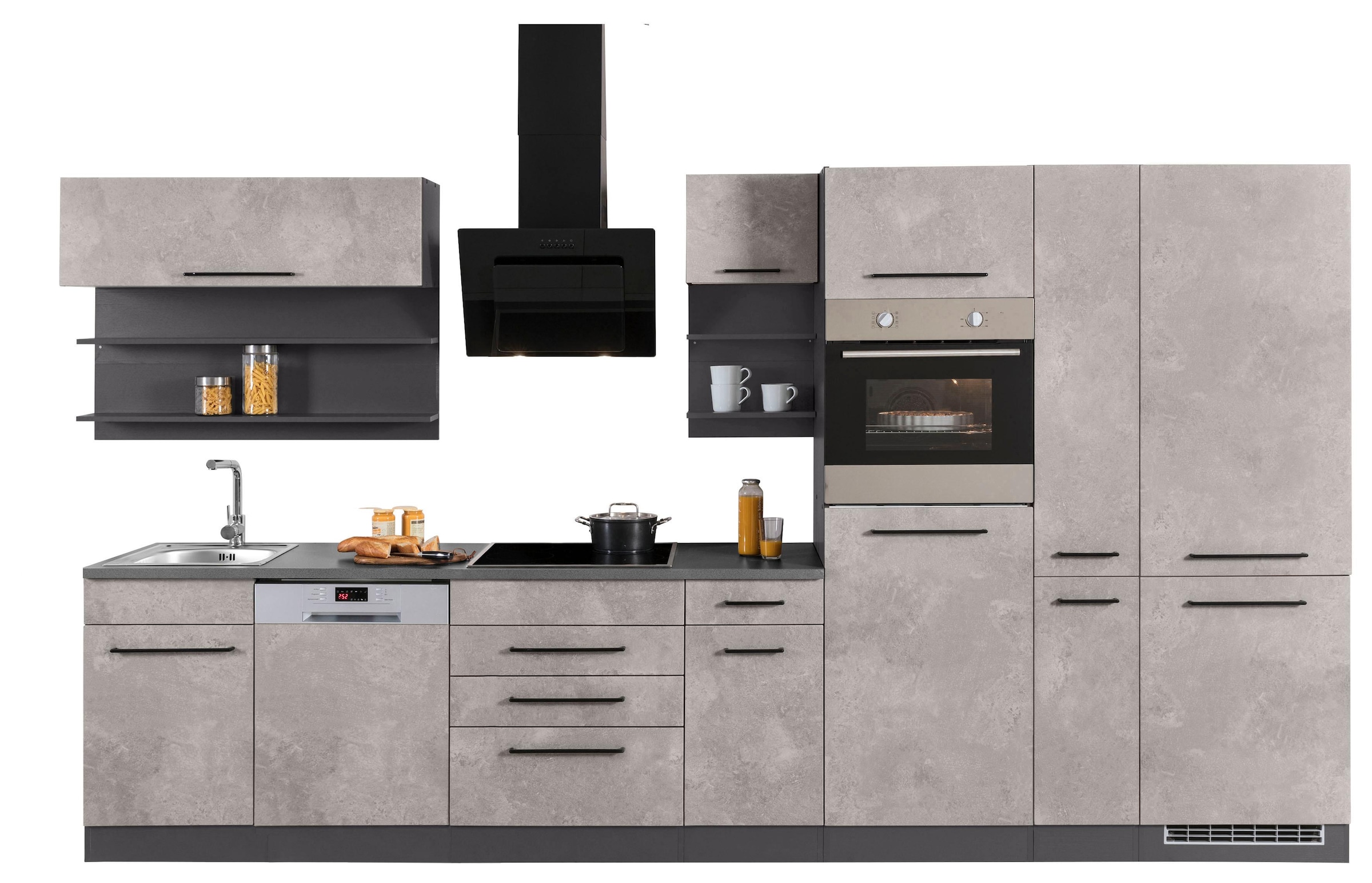 KOCHSTATION Küchenzeile »KS-Tulsa«, ohne E-Geräte, Breite 360 cm, schwarze Metallgriffe, MDF Fronten