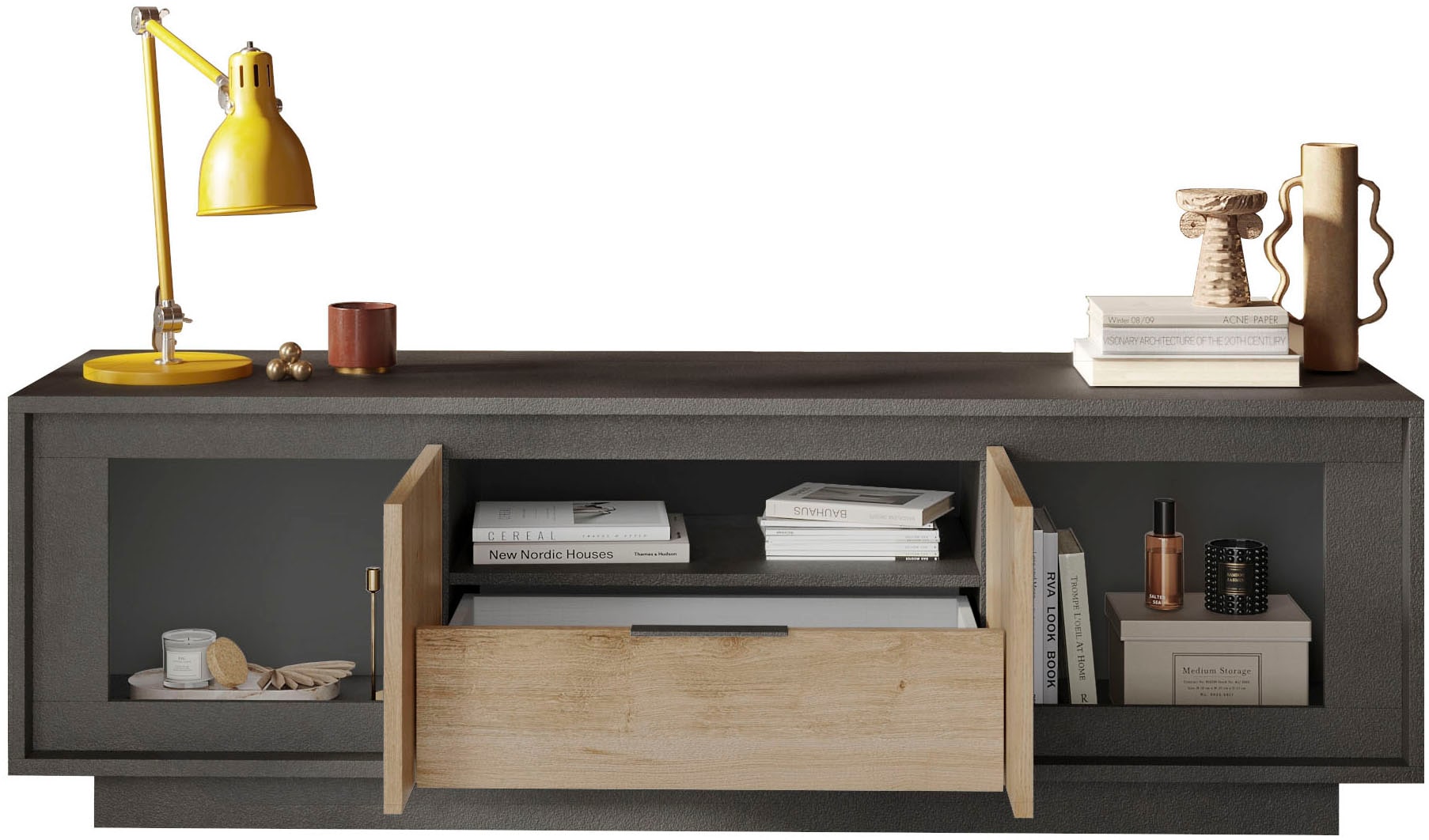 Home affaire Lowboard »Sky, B/T 180/50 cm, TV-Schrank/Medienboard, 2 Türen, 1 Schubkasten« Softclosing, Korpus & Front 22 mm stark, Rahmen-Optik, Metallgriff