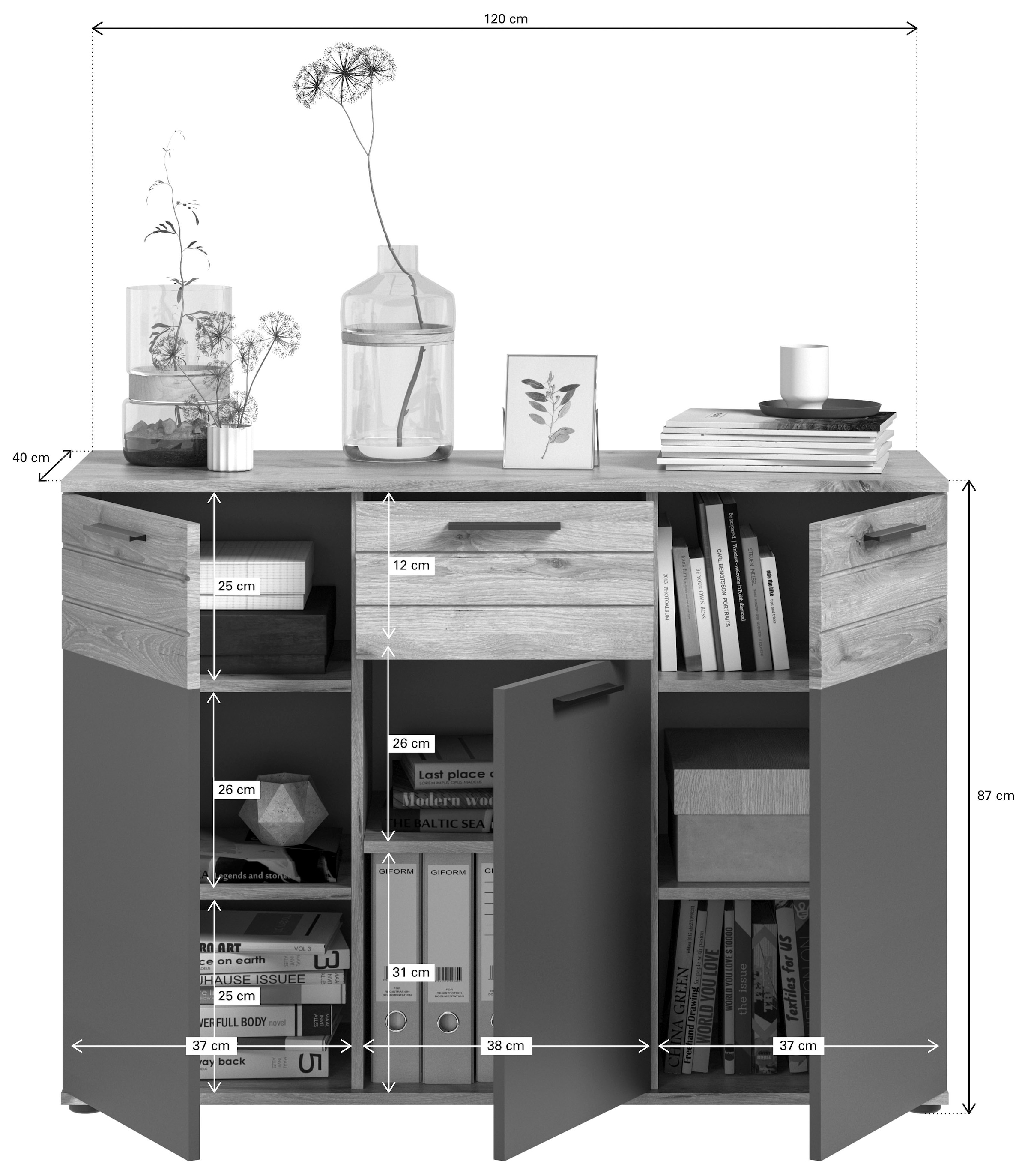 INOSIGN Sideboard »Riga, Breite 120cm, 3 Türen, 1 Schubkasten, 5 Einlegeböden, 8 Fächer«, hochwertige Rillenfräsung, mit Softclose, Kommode, Anrichte, Schrank