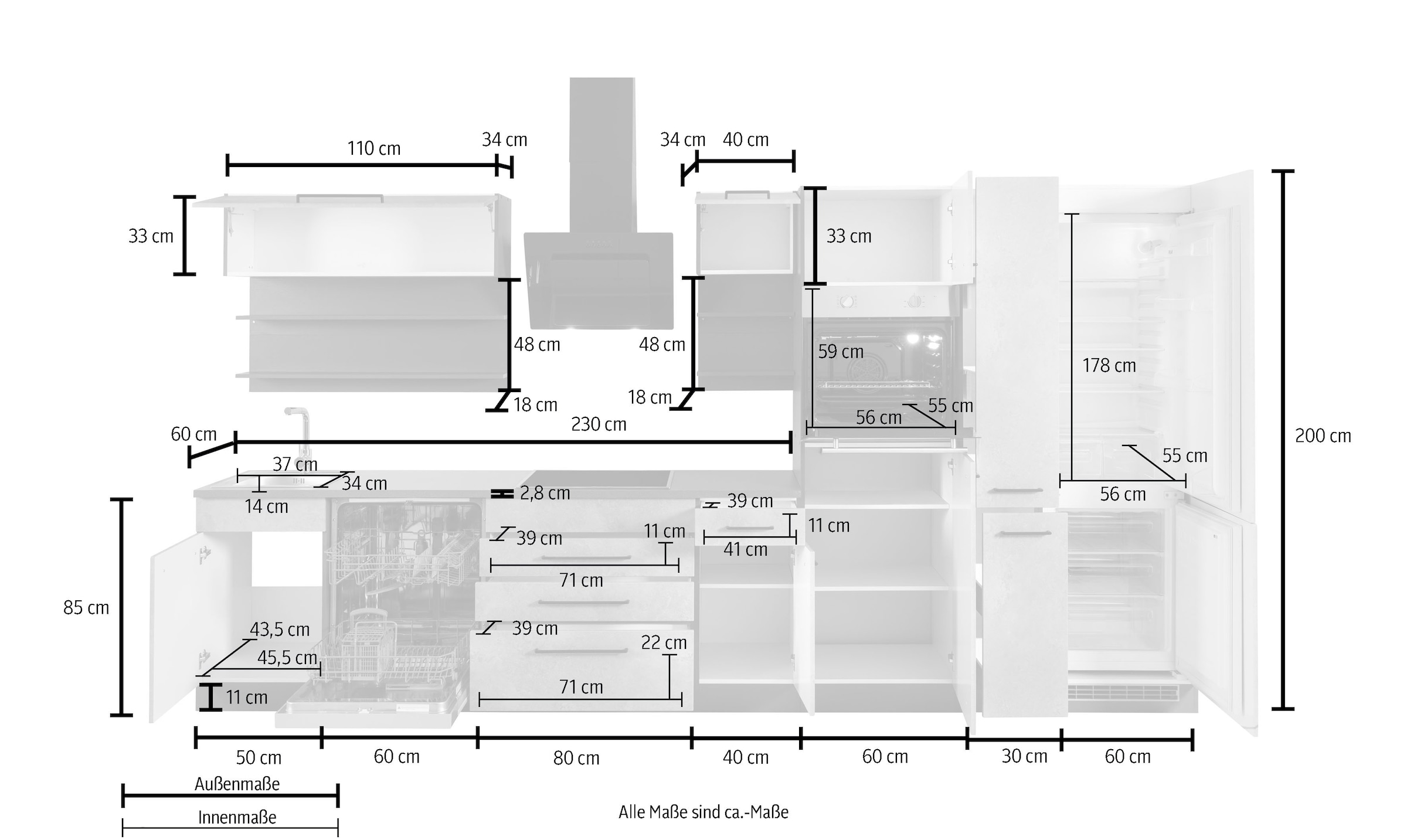 KOCHSTATION Küchenzeile »KS-Tulsa«, mit E-Geräten, Breite 380 cm, schwarze Metallgriffe, MDF Fronten