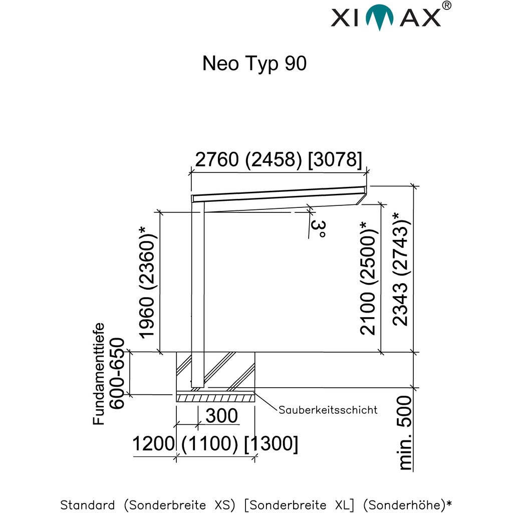 Ximax Einzelcarport »Neo Typ 2850 Typ 90 Standard-Edelstahl-Look«, Aluminium, 259 cm, edelstahlfarben