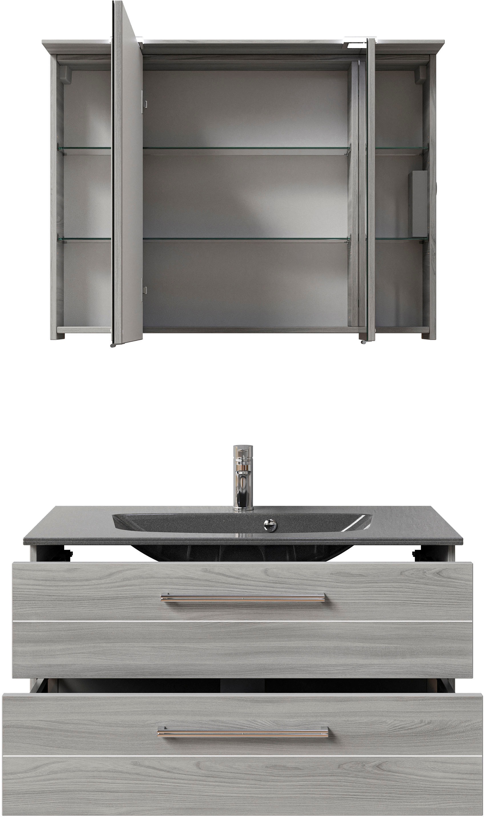 Saphir Badmöbel-Set »Serie 6025 2-teilig Mineralmarmor-Waschtisch mit LED-Spiegelschrank«, (2 St.), Waschplatz 97 cm breit, 2 Schubladen, 3 Spiegel-Türen, inkl Türdämpfer