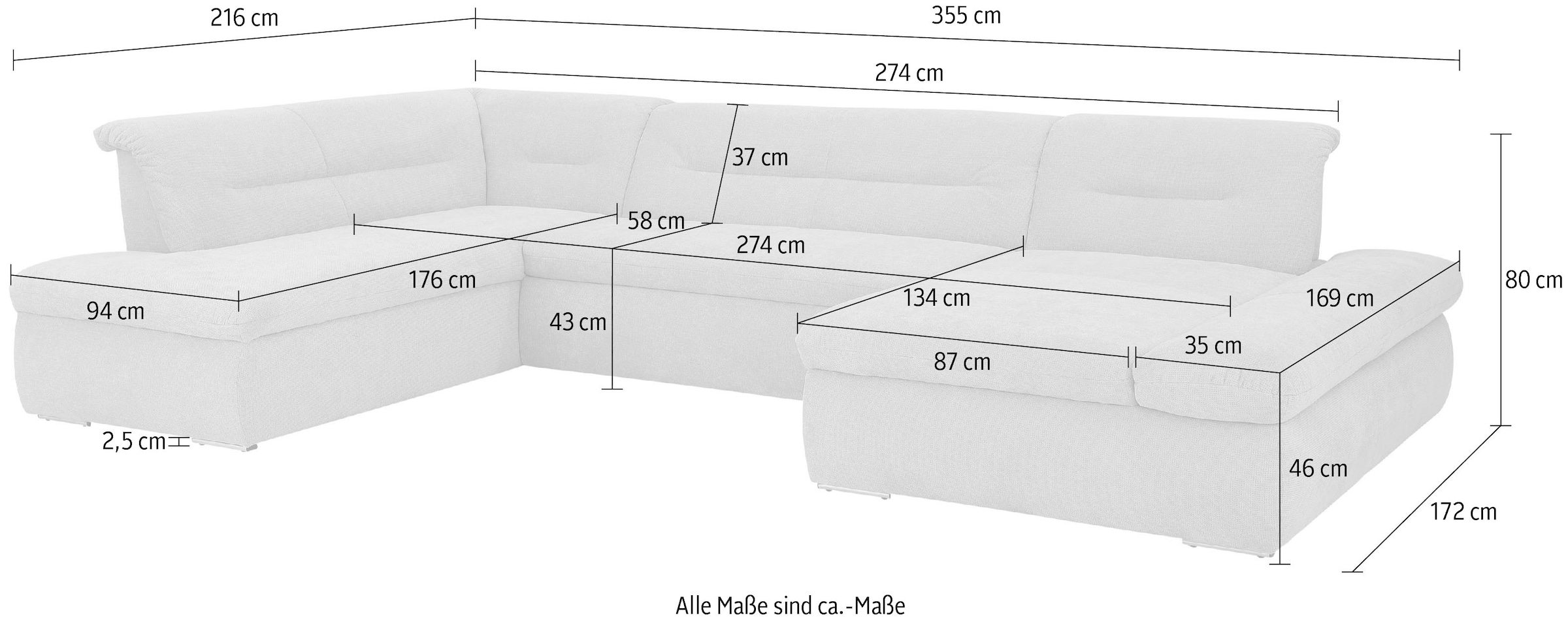 INOSIGN Wohnlandschaft »Avesa U-Form«, Wahlweise mit Armteilverstellung und Bettfunktion, B/T/H: 355/216/80cm